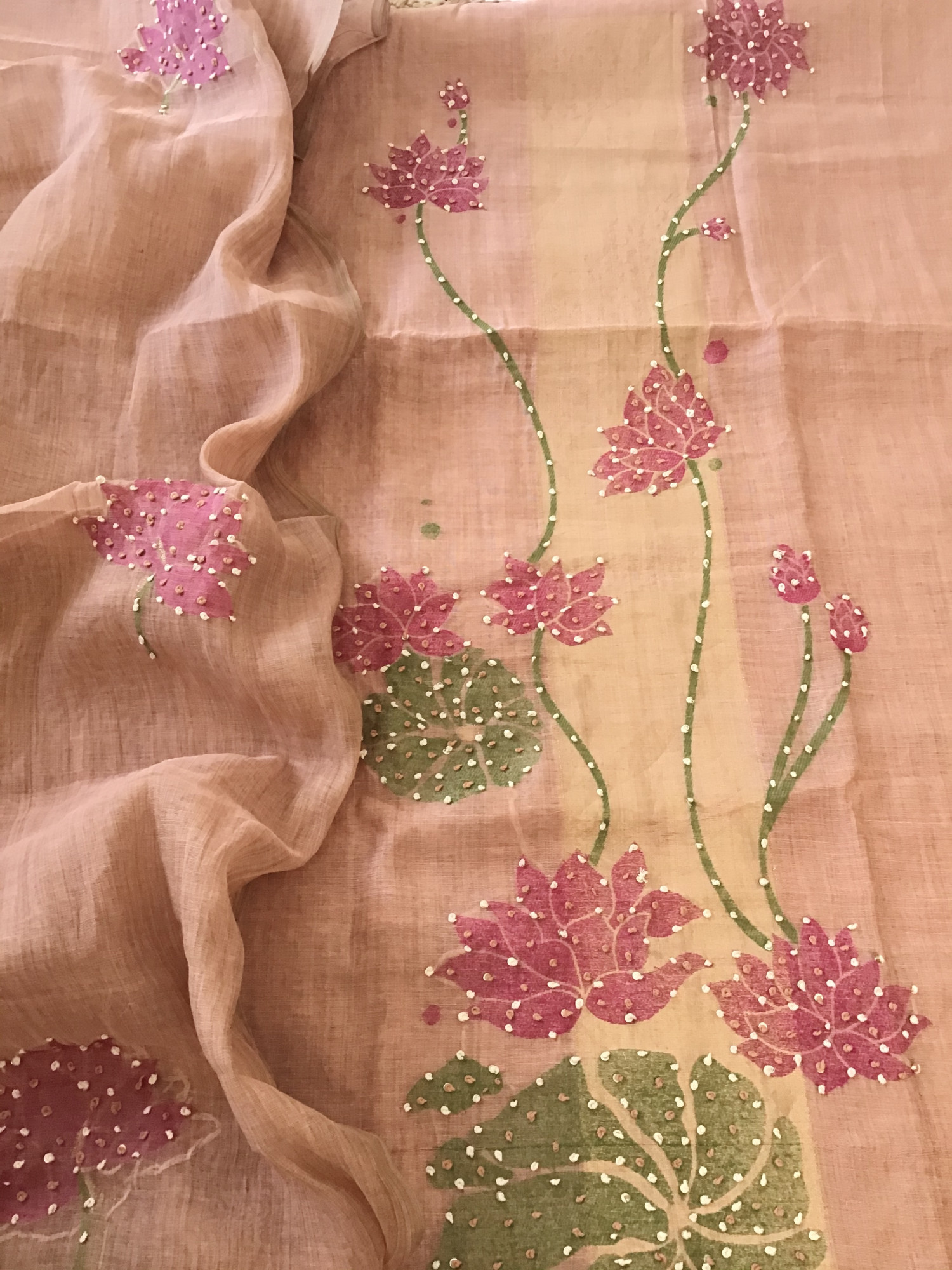 Soft Slub Chanderi Jamdani Weaved Embroidered Suit - Peach