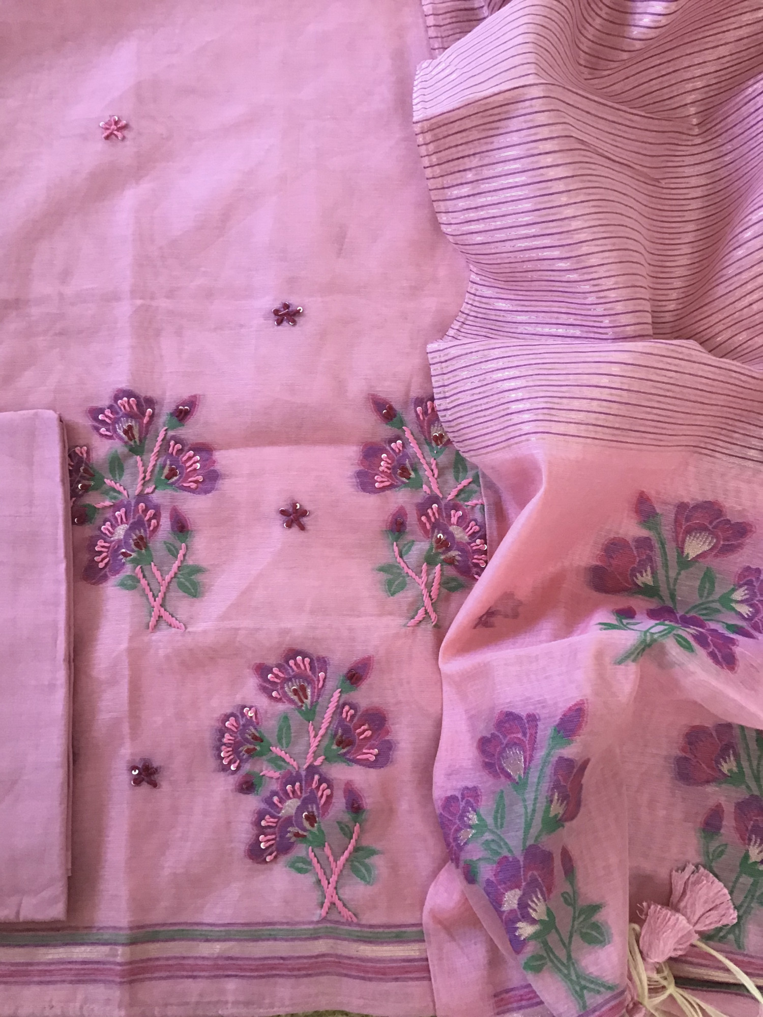 Soft Slub Chanderi Jamdani Weaved Embroidered Suit - Pink