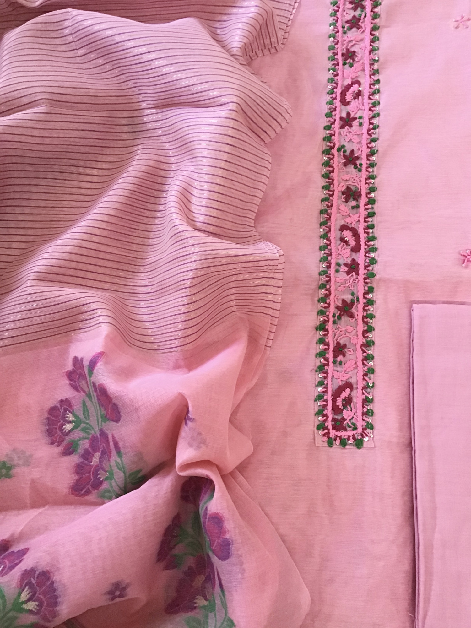 Soft Slub Chanderi Jamdani Weaved Embroidered Suit - Pink