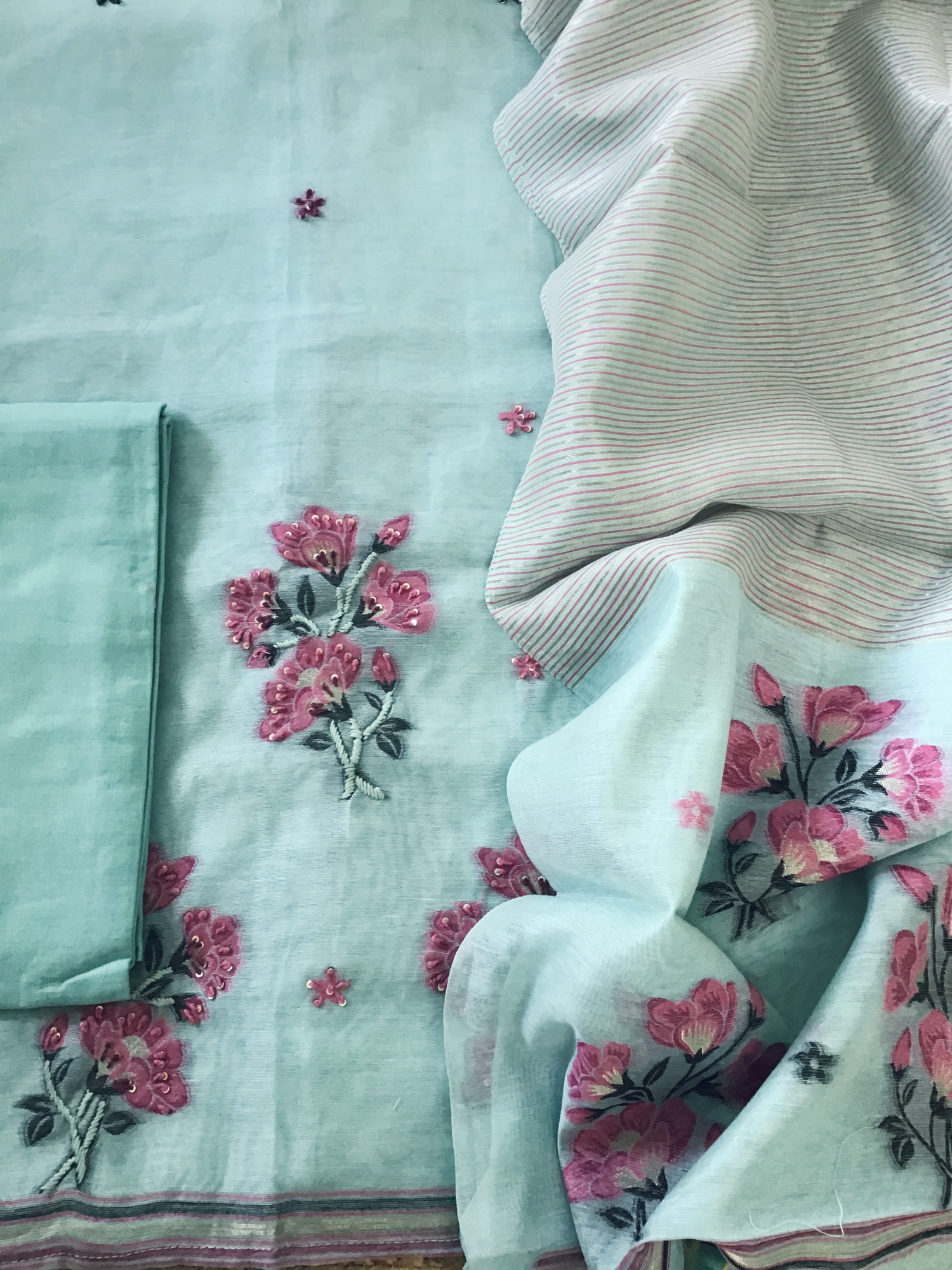 Soft Slub Chanderi Jamdani Weaved Embroidered Suit - Blue