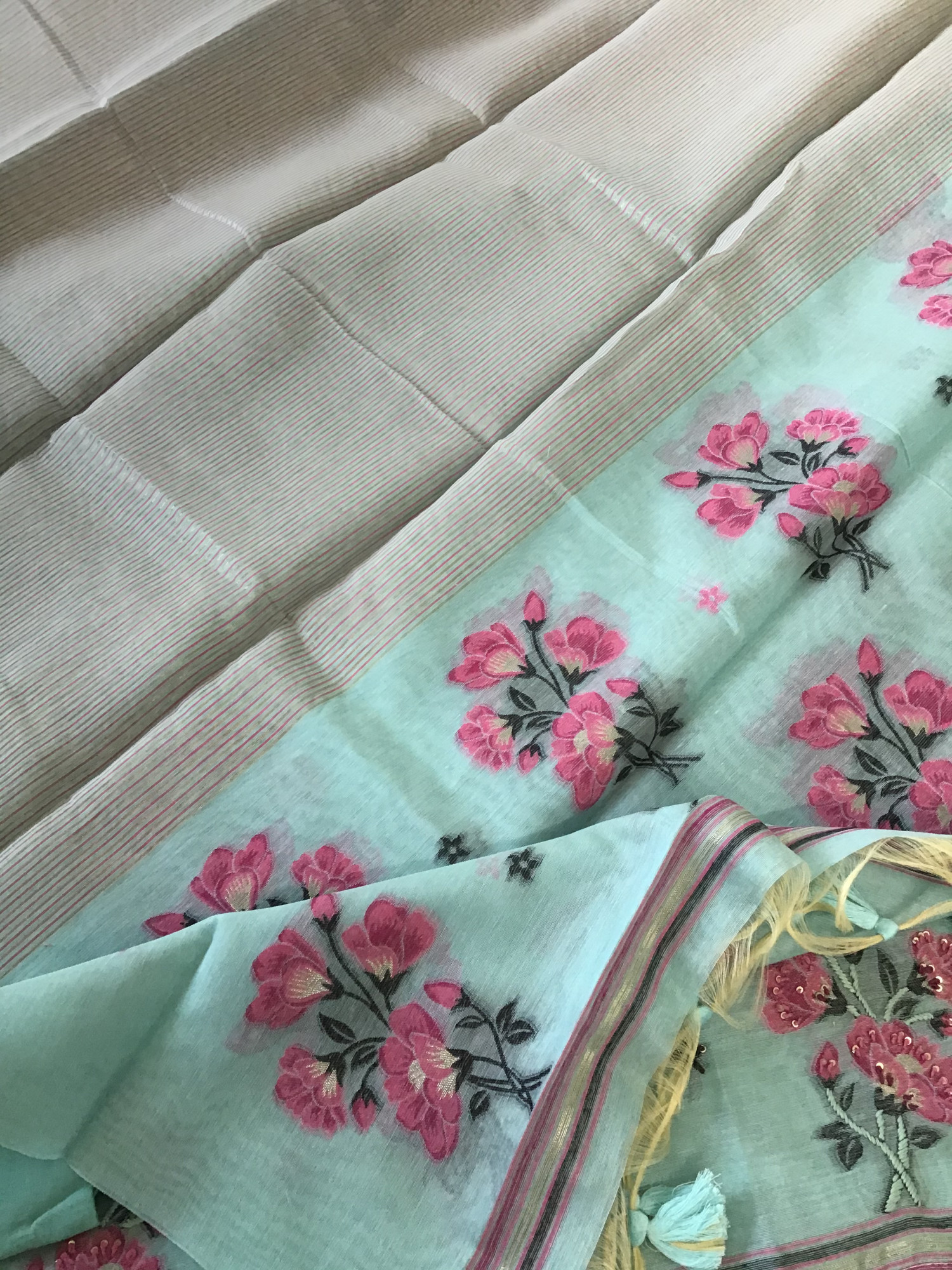 Soft Slub Chanderi Jamdani Weaved Embroidered Suit - Blue