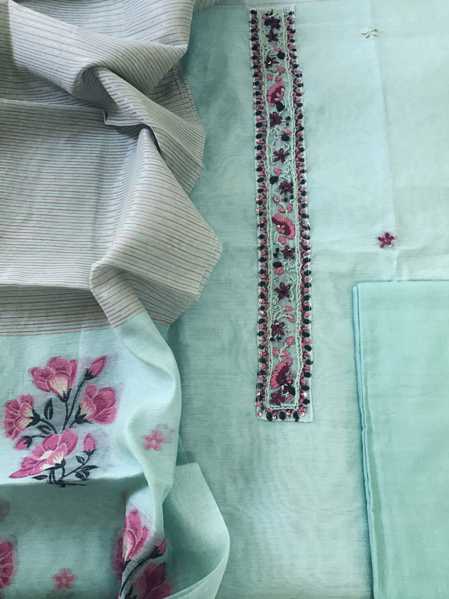 Soft Slub Chanderi Jamdani Weaved Embroidered Suit - Blue