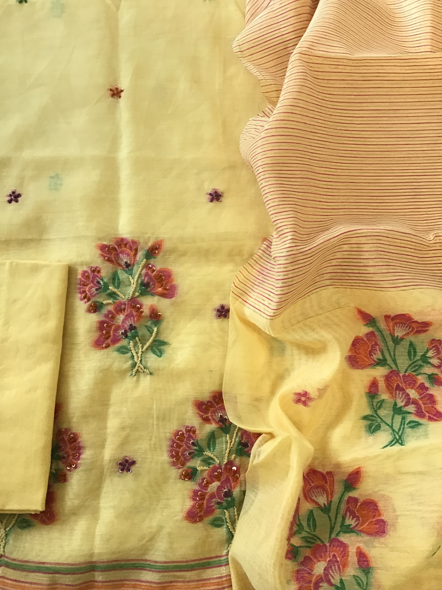 Soft Slub Chanderi Jamdani Weaved Embroidered Suit - Yellow