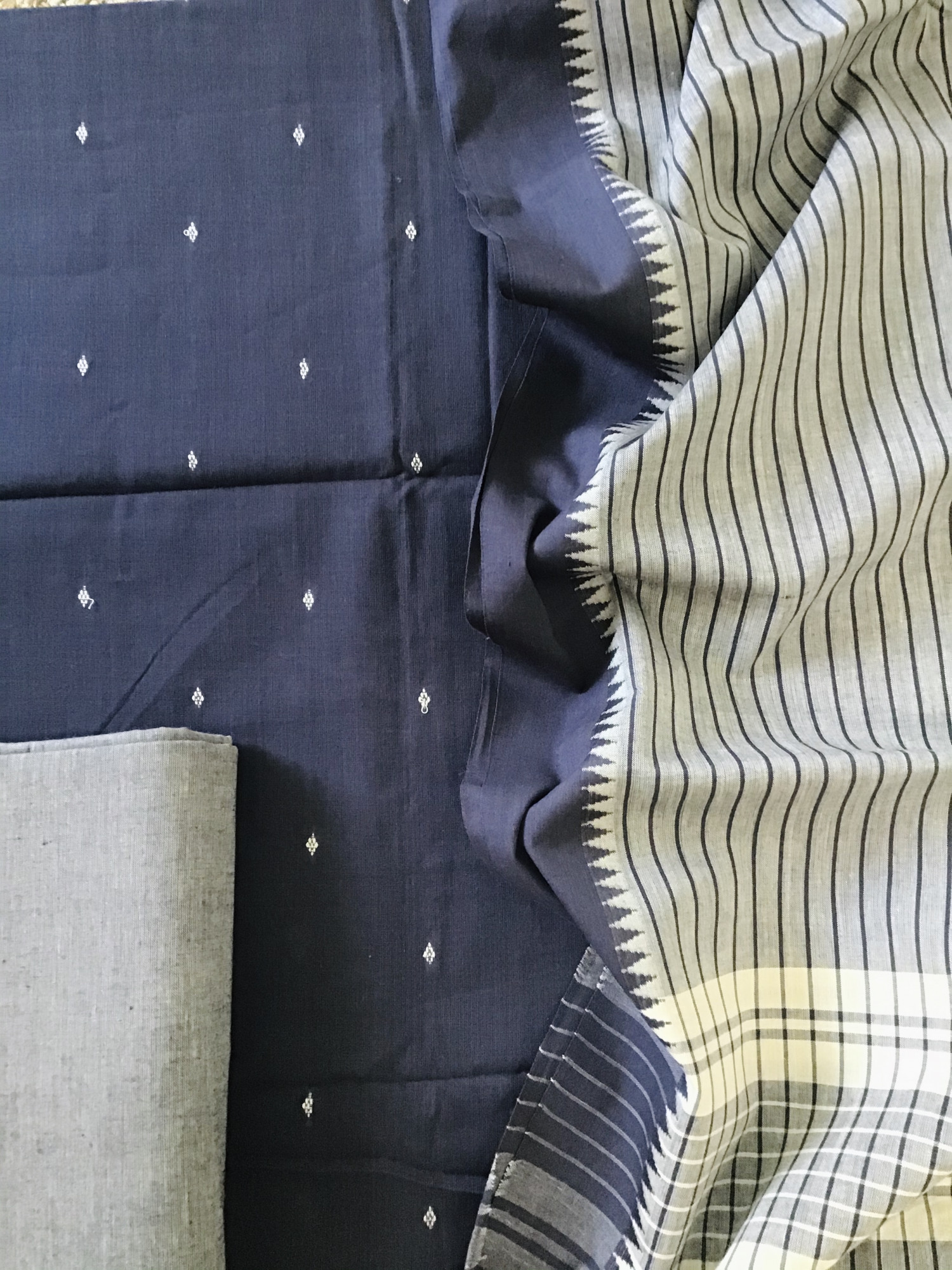 Pure Fine Handloom Cotton Self Weaved Suit - Blue