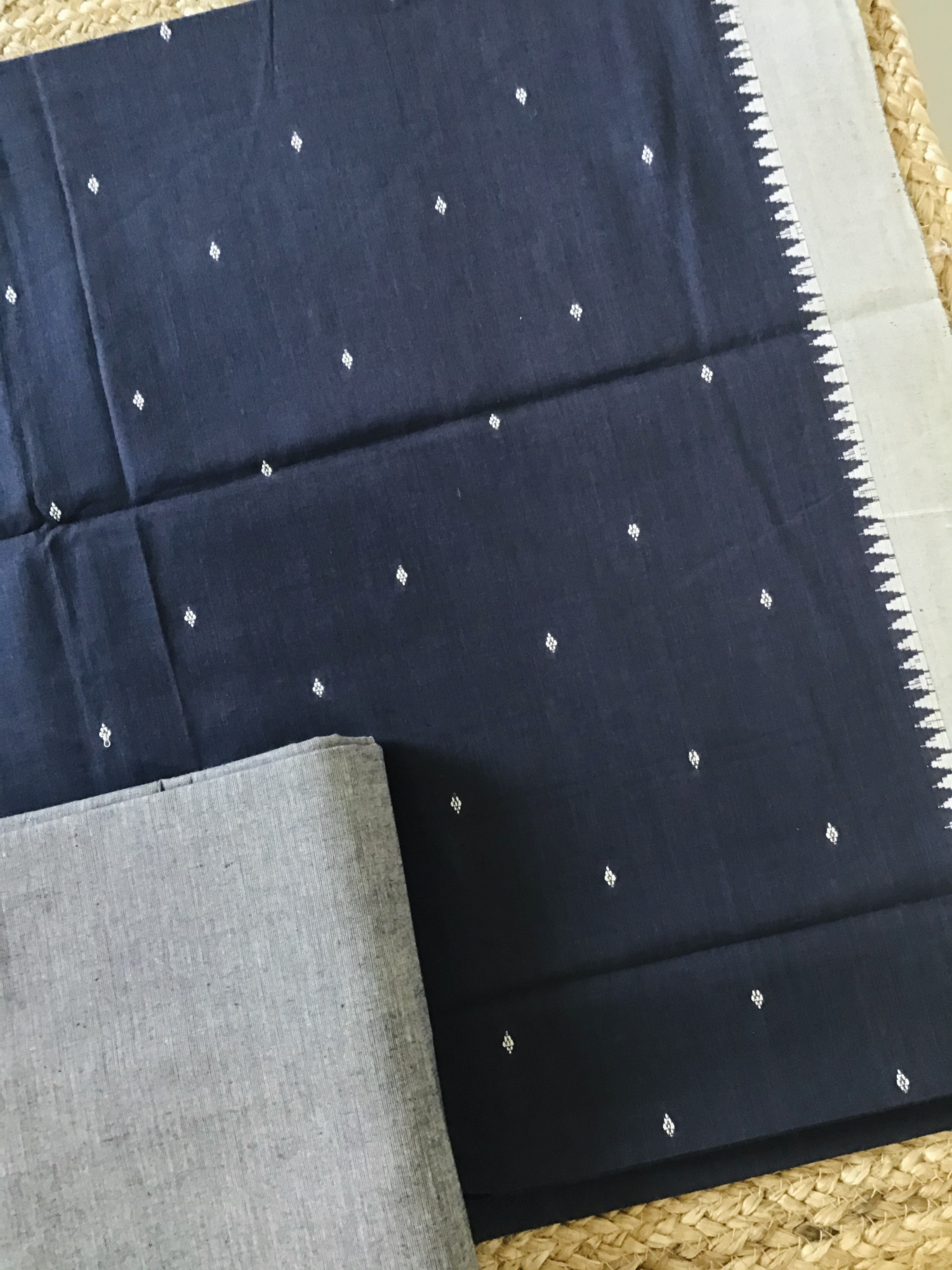 Pure Fine Handloom Cotton Self Weaved Suit - Blue