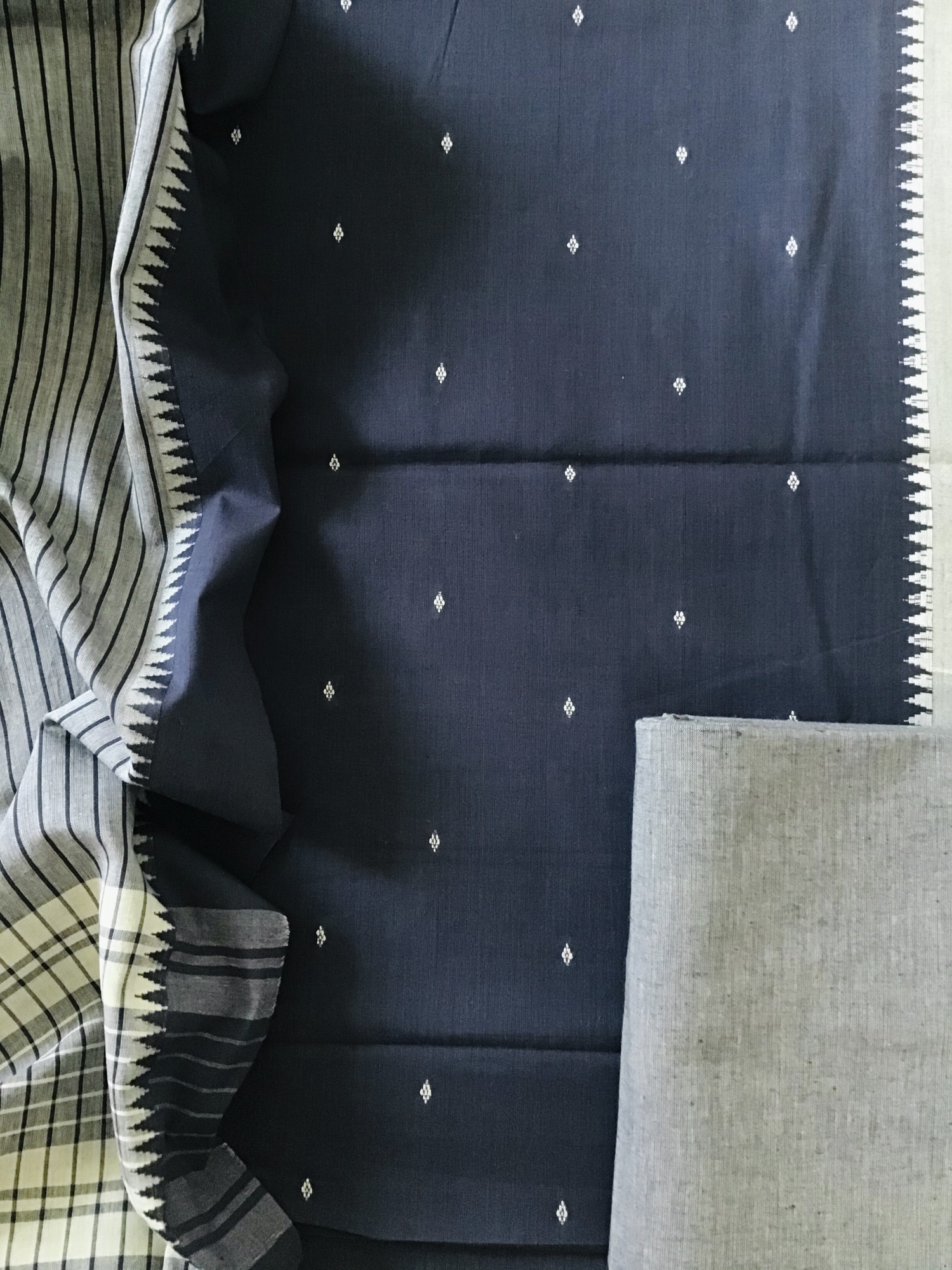 Pure Fine Handloom Cotton Self Weaved Suit - Blue