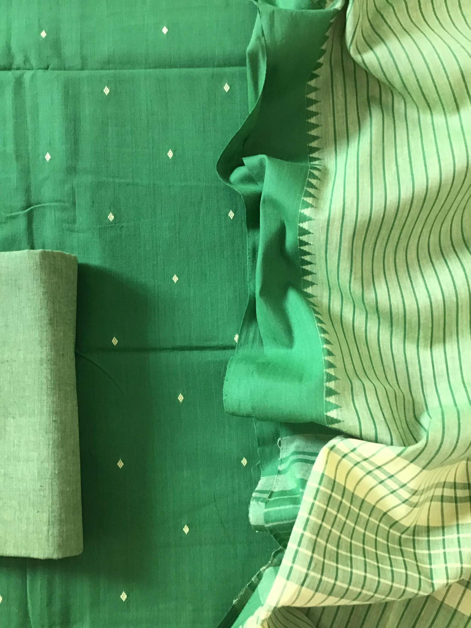 Pure Fine Handloom Cotton Self Weaved Suit - Green