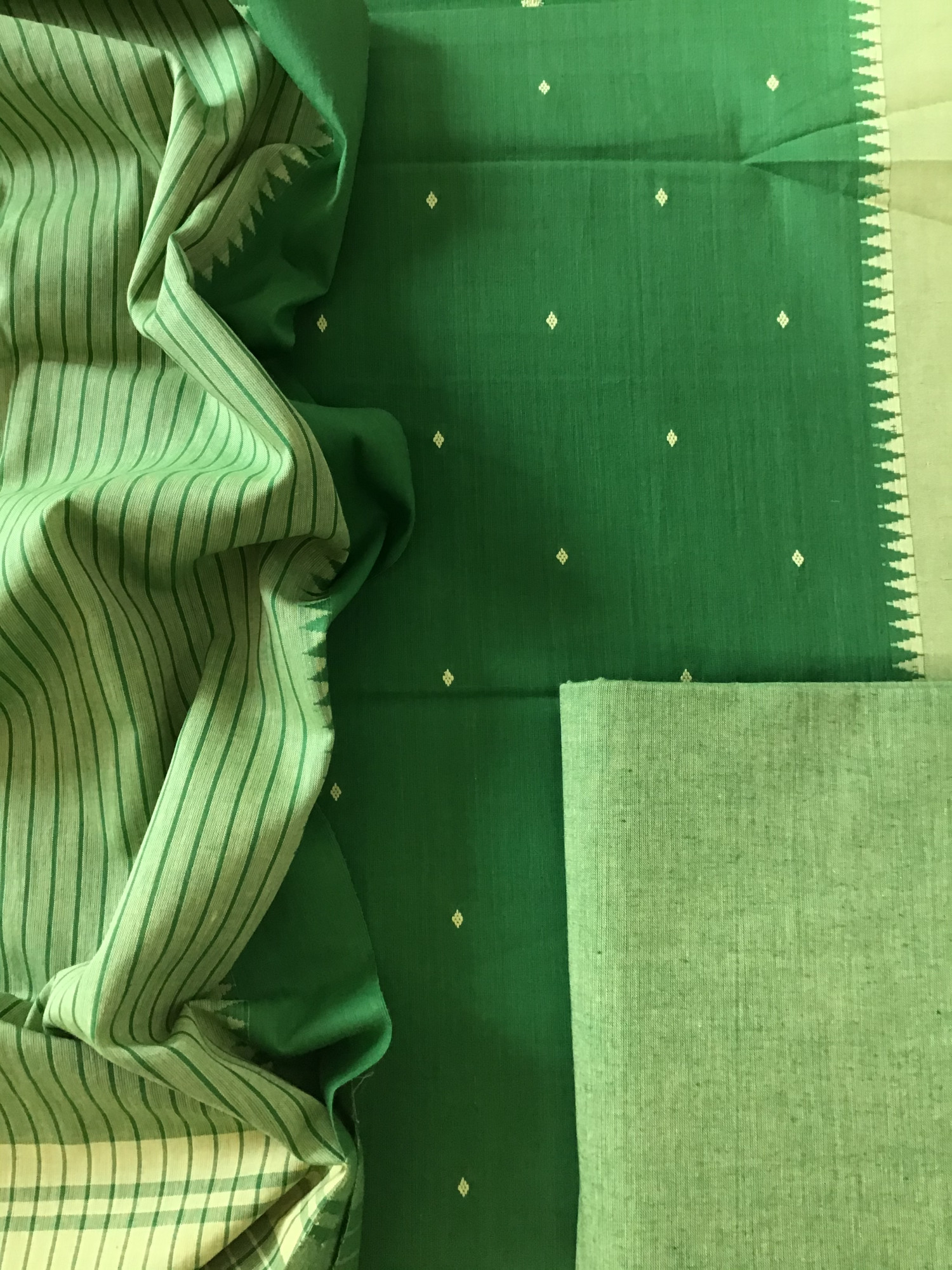 Pure Fine Handloom Cotton Self Weaved Suit - Green