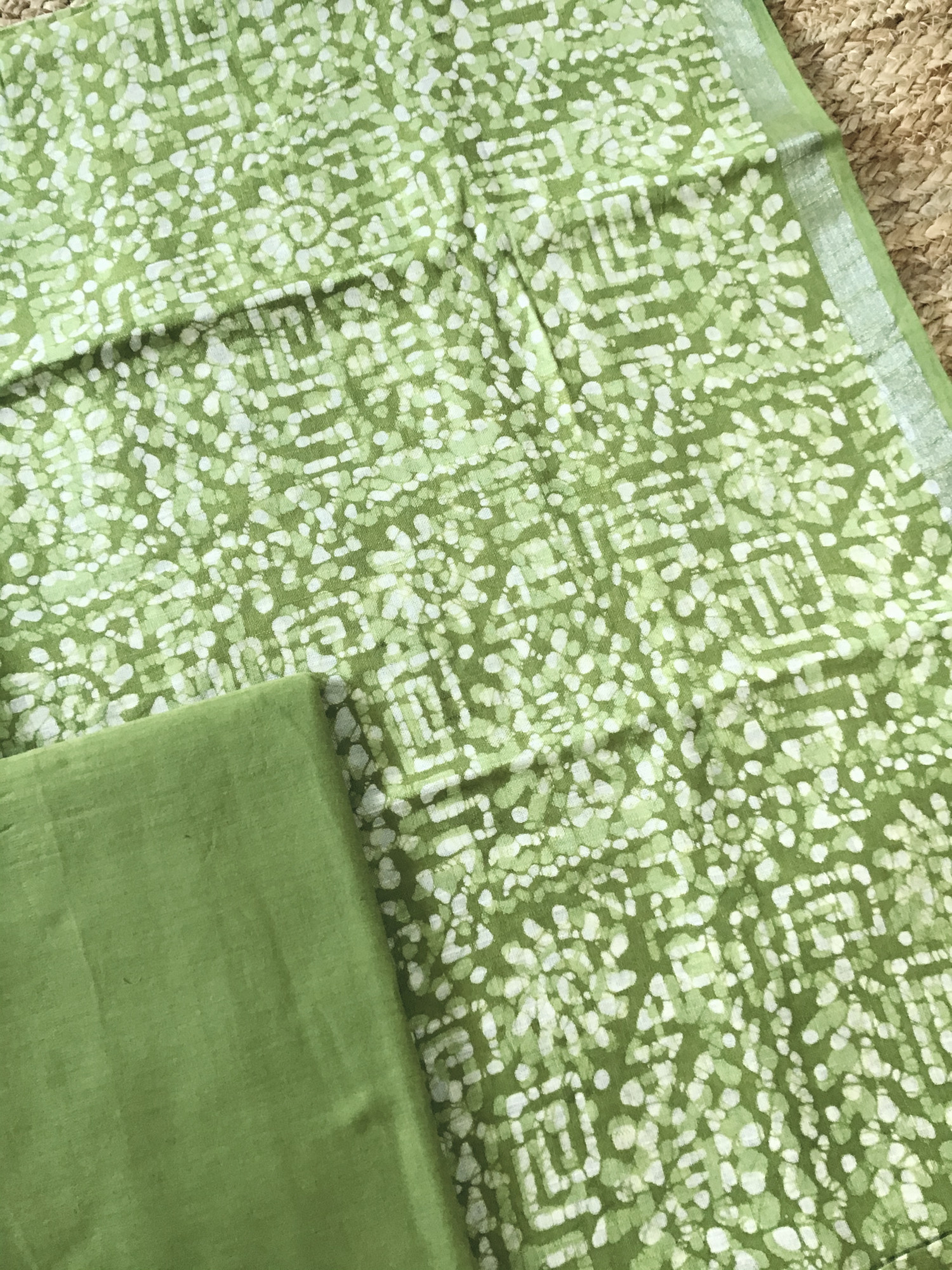 Pure Fine Linen Jute Cotton Silk Printed Suit - Green