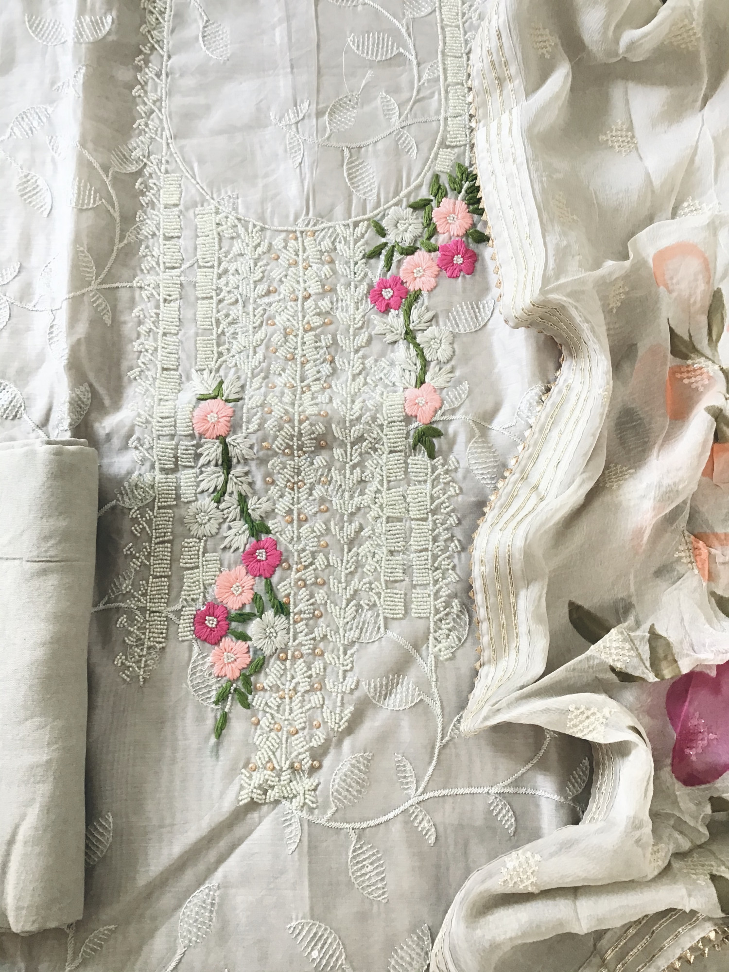 Soft Kora Chanderi Embroidered Suit - Greyish Beige