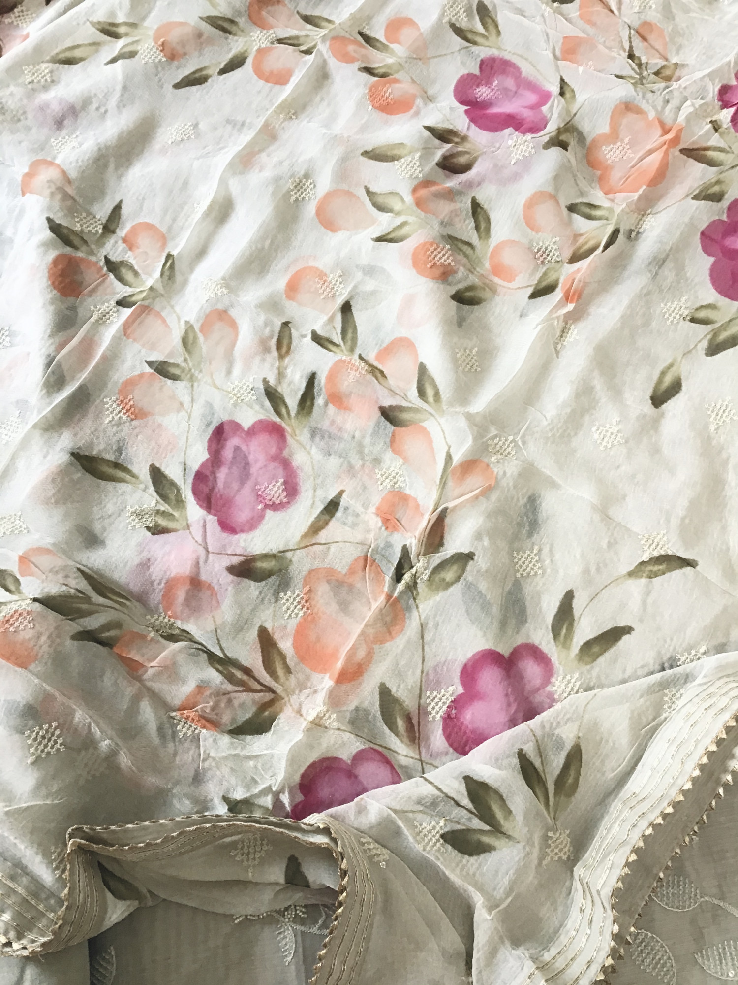 Soft Kora Chanderi Embroidered Suit - Greyish Beige