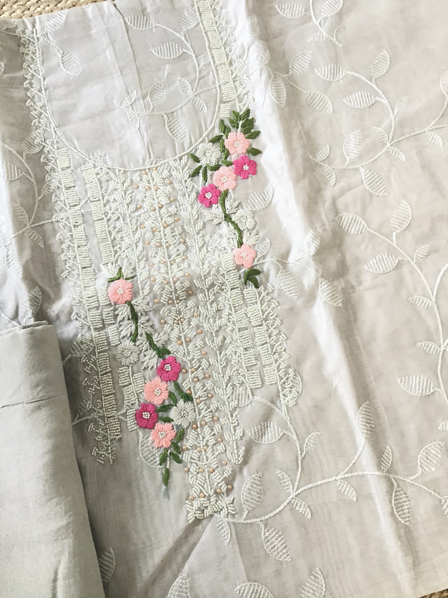 Soft Kora Chanderi Embroidered Suit - Greyish Beige