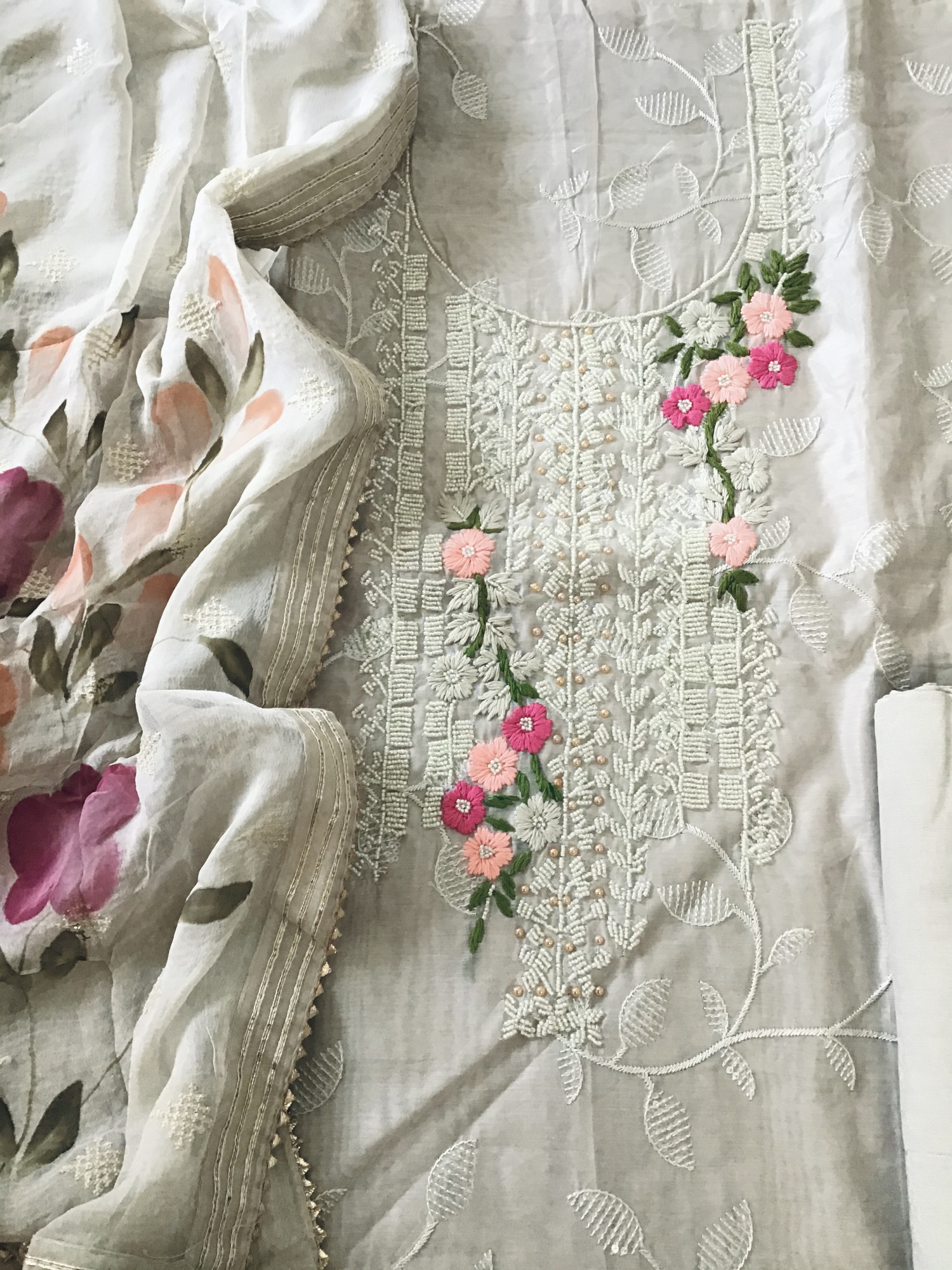 Soft Kora Chanderi Embroidered Suit - Greyish Beige