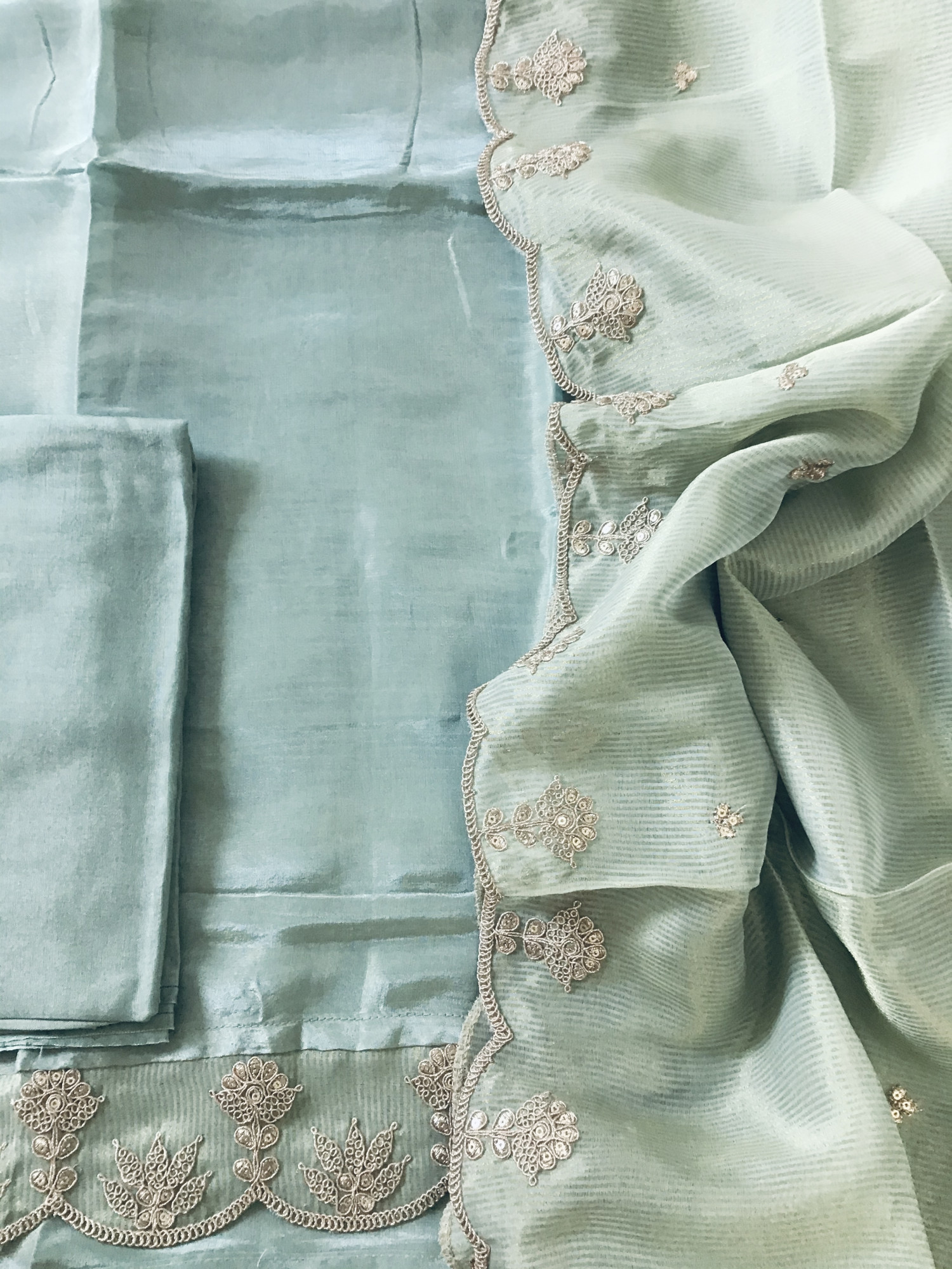 Pure Tissue Shimmer Silk Embroidered Suit - Sea Green