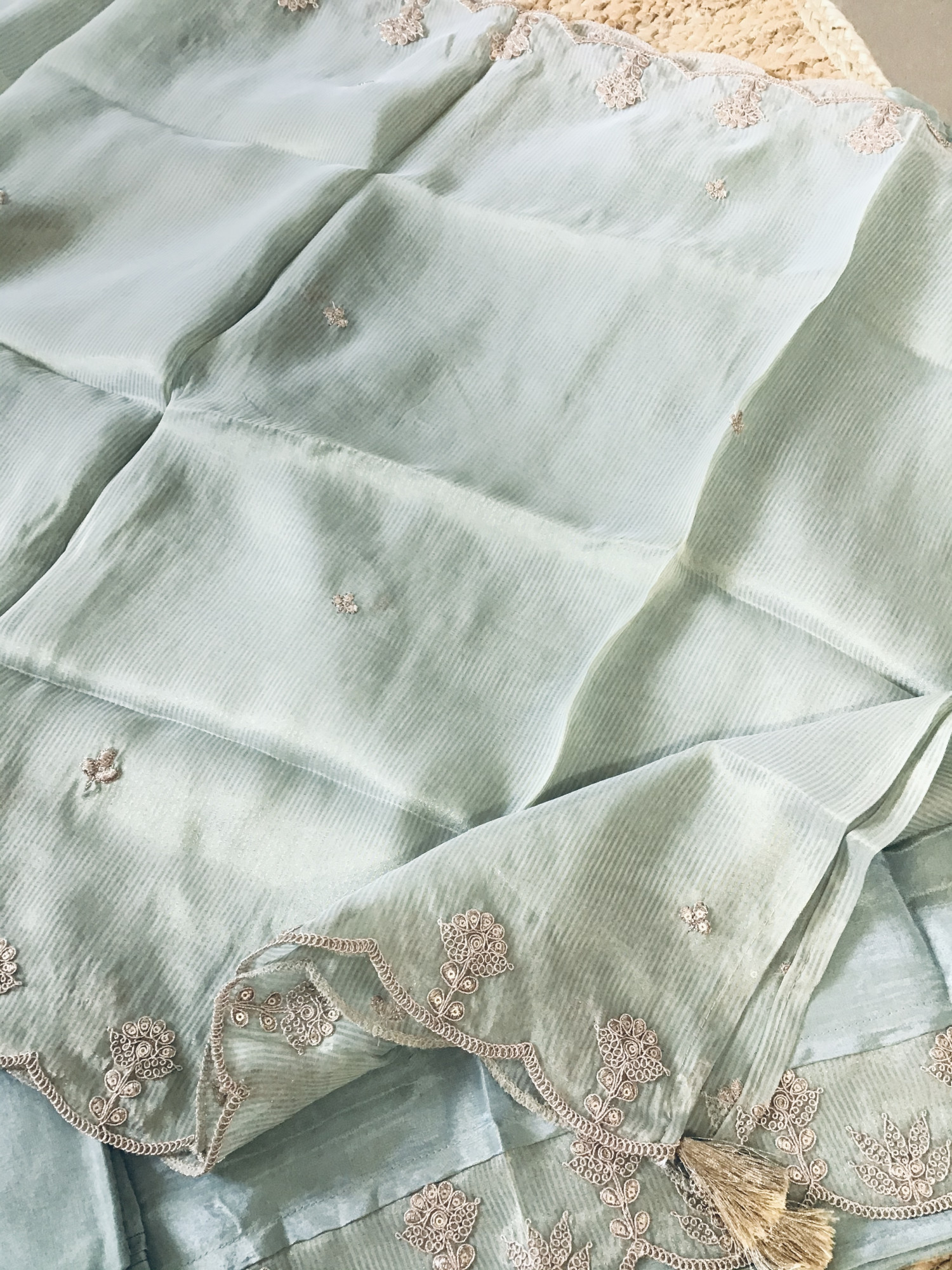 Pure Tissue Shimmer Silk Embroidered Suit - Sea Green