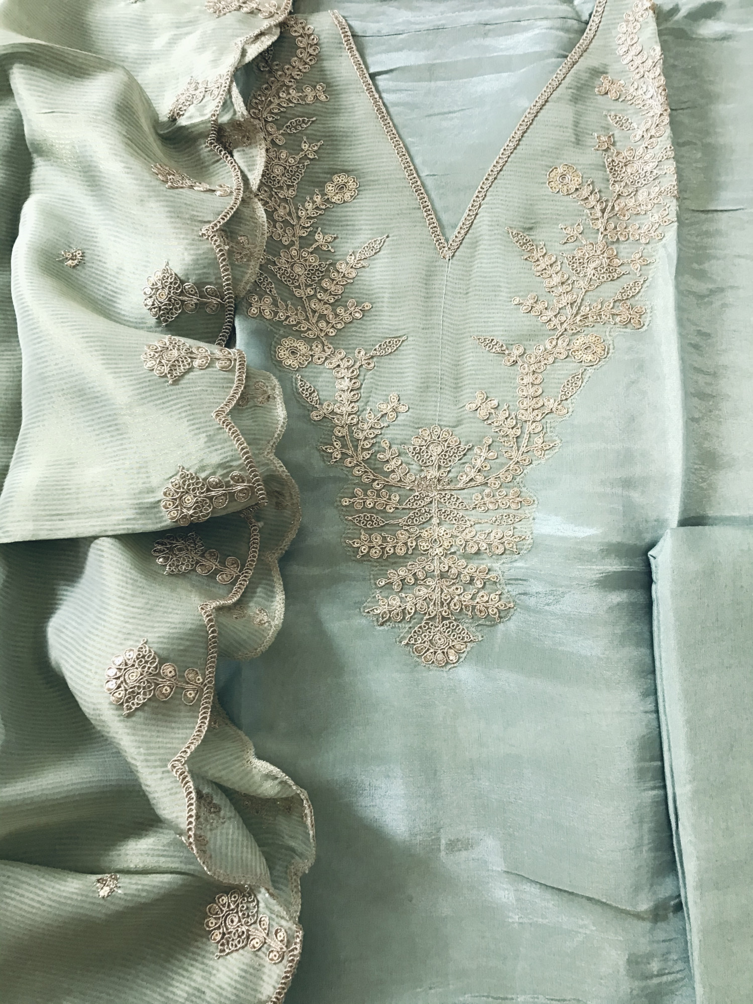 Pure Tissue Shimmer Silk Embroidered Suit - Sea Green