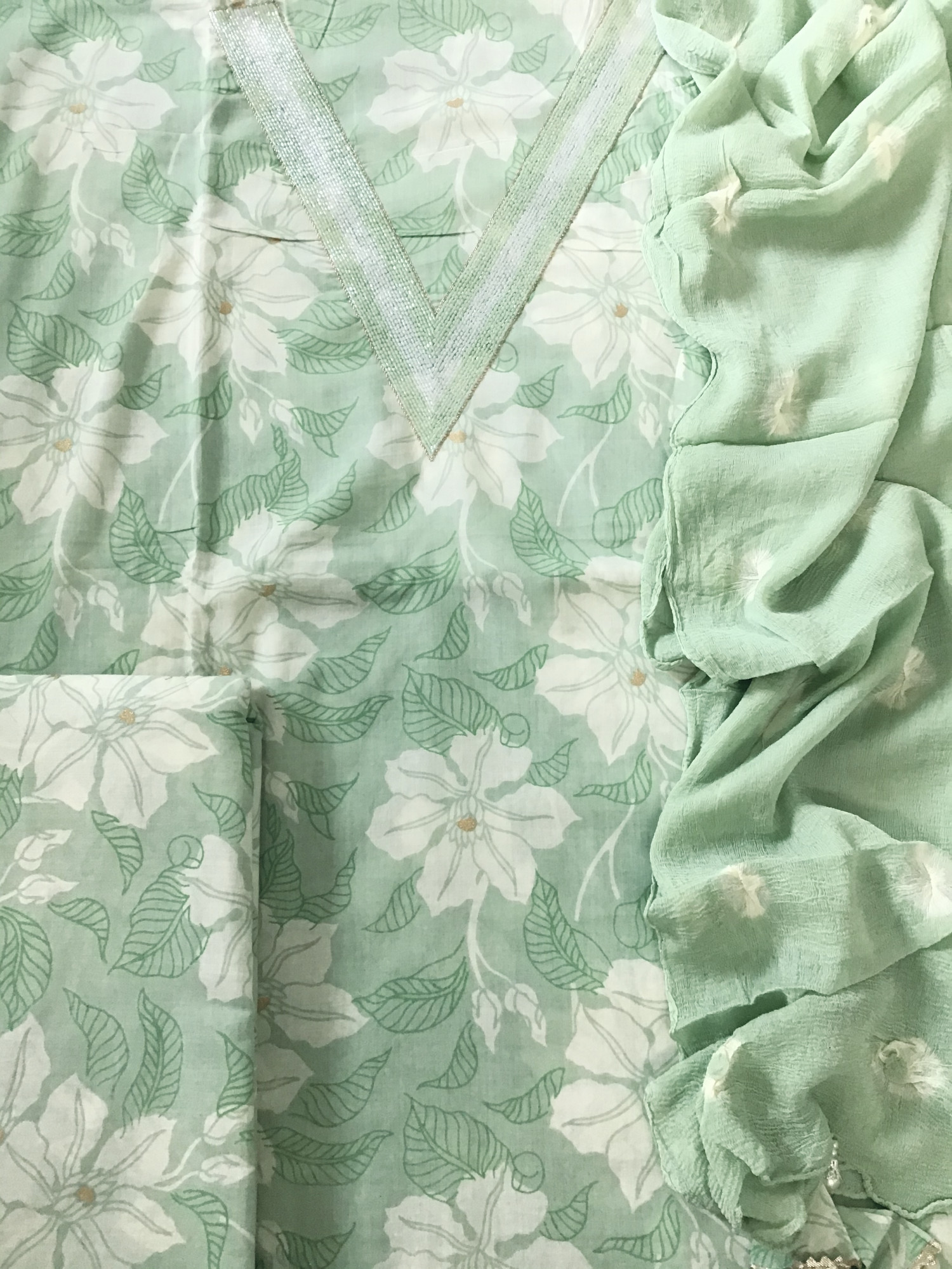 Pure Cotton Printed Embroidered Suit - Green