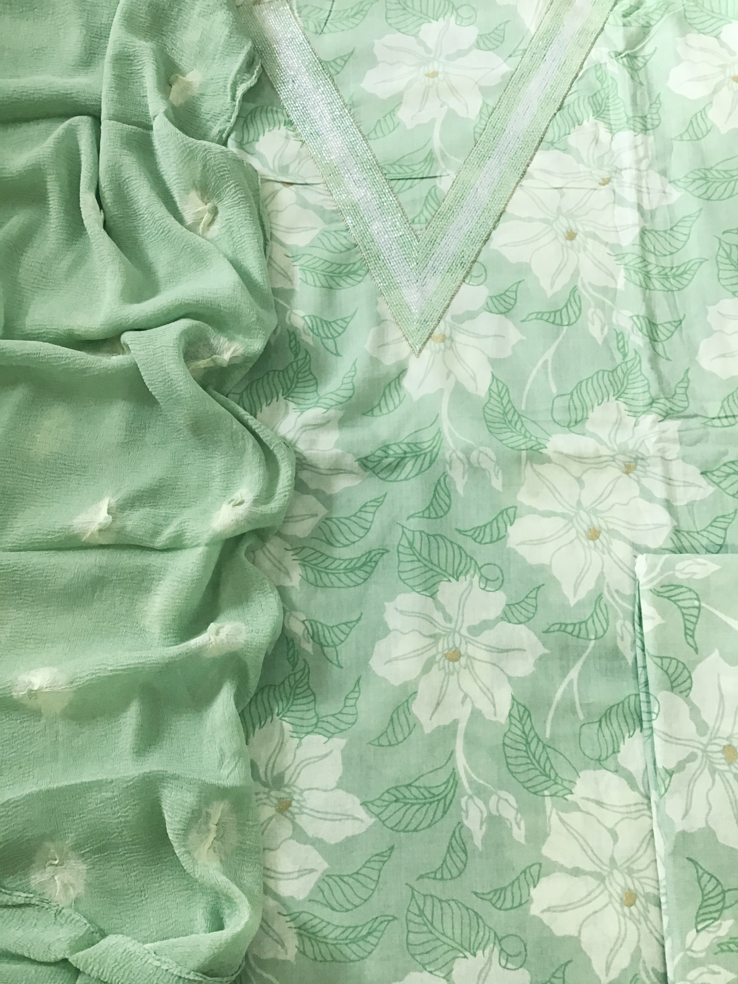 Pure Cotton Printed Embroidered Suit - Green