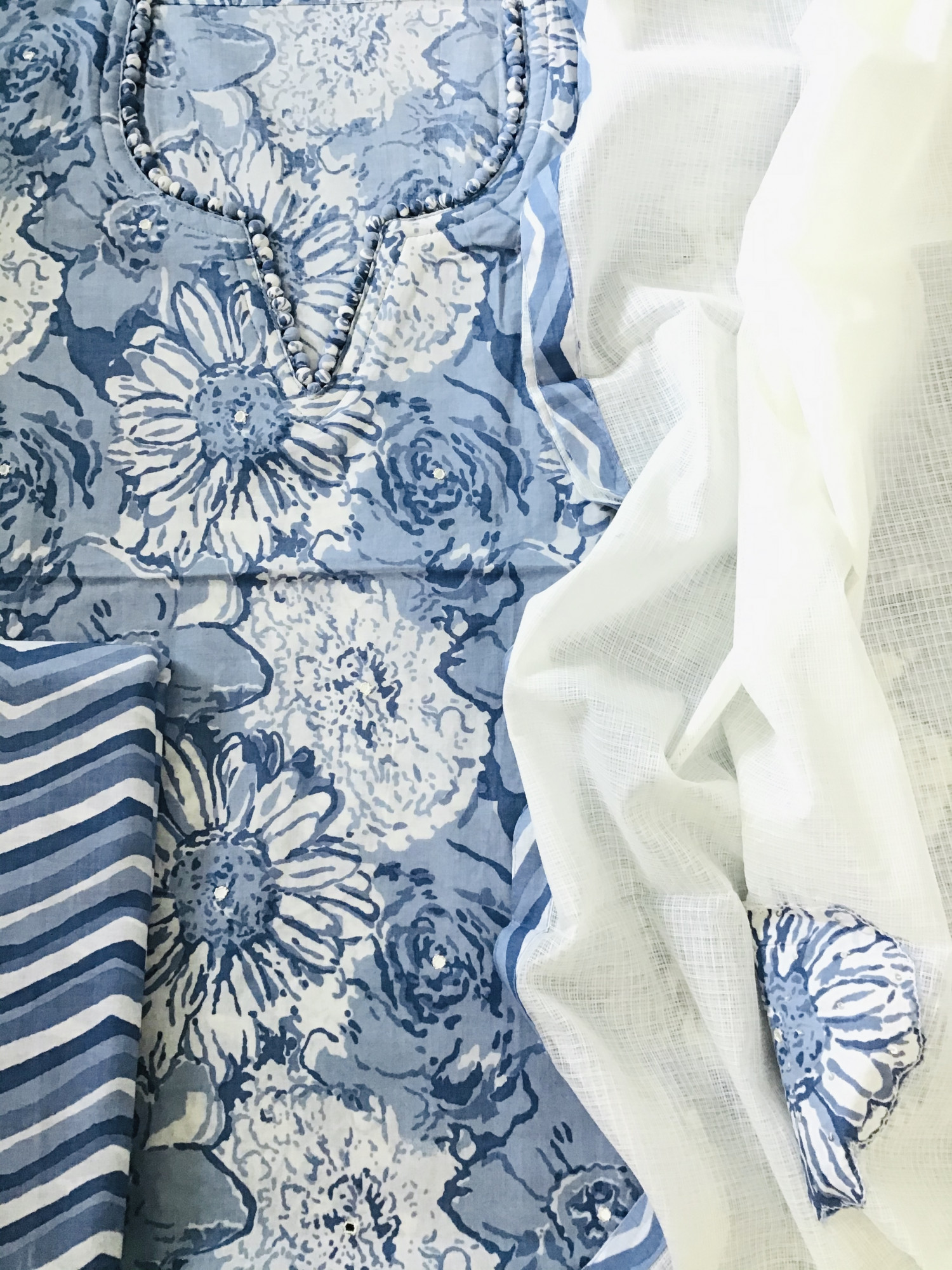 Pure Fine Mul Cotton Printed Embroidered Suit - Blue