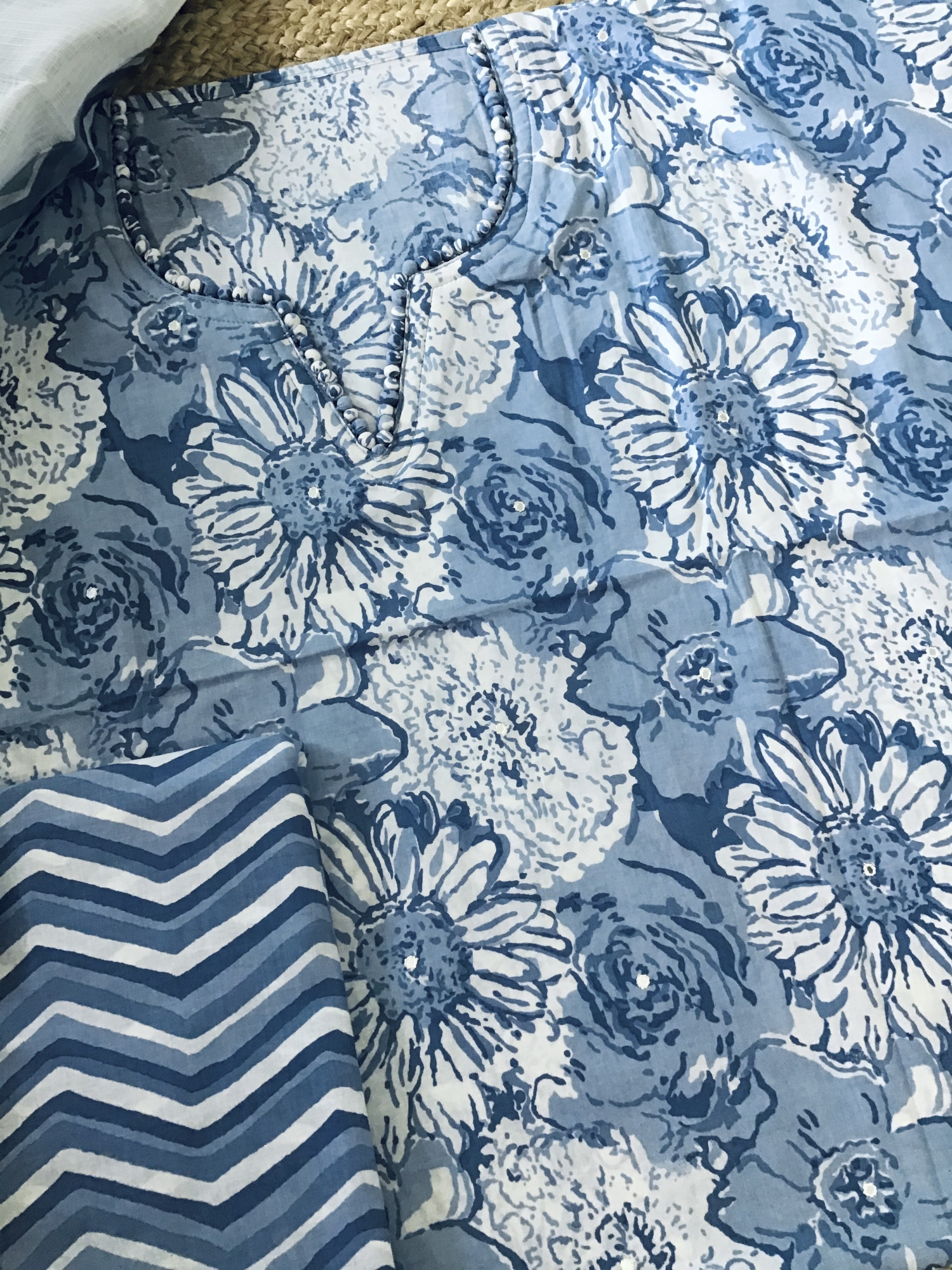 Pure Fine Mul Cotton Printed Embroidered Suit - Blue