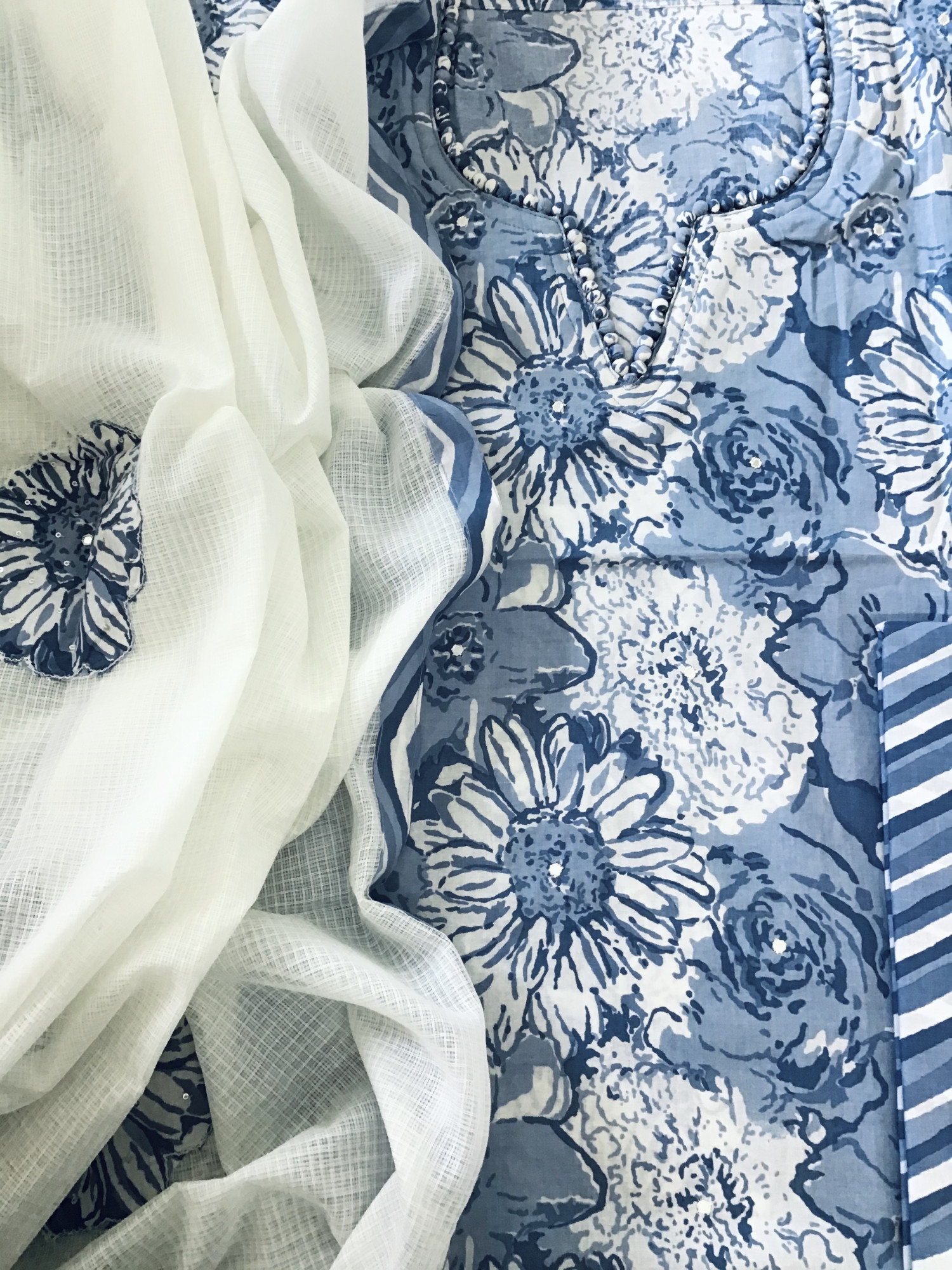 Pure Fine Mul Cotton Printed Embroidered Suit - Blue