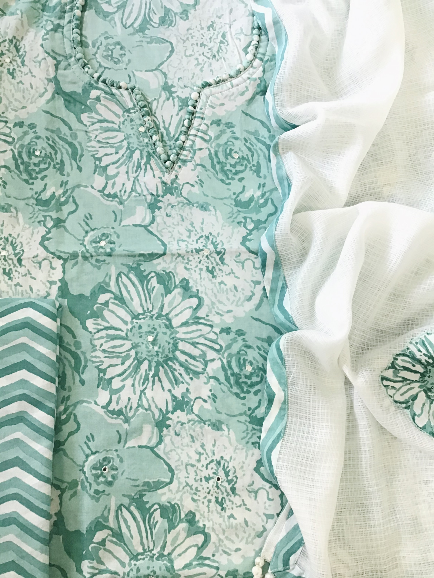 Pure Fine Mul Cotton Printed Embroidered Suit - Green