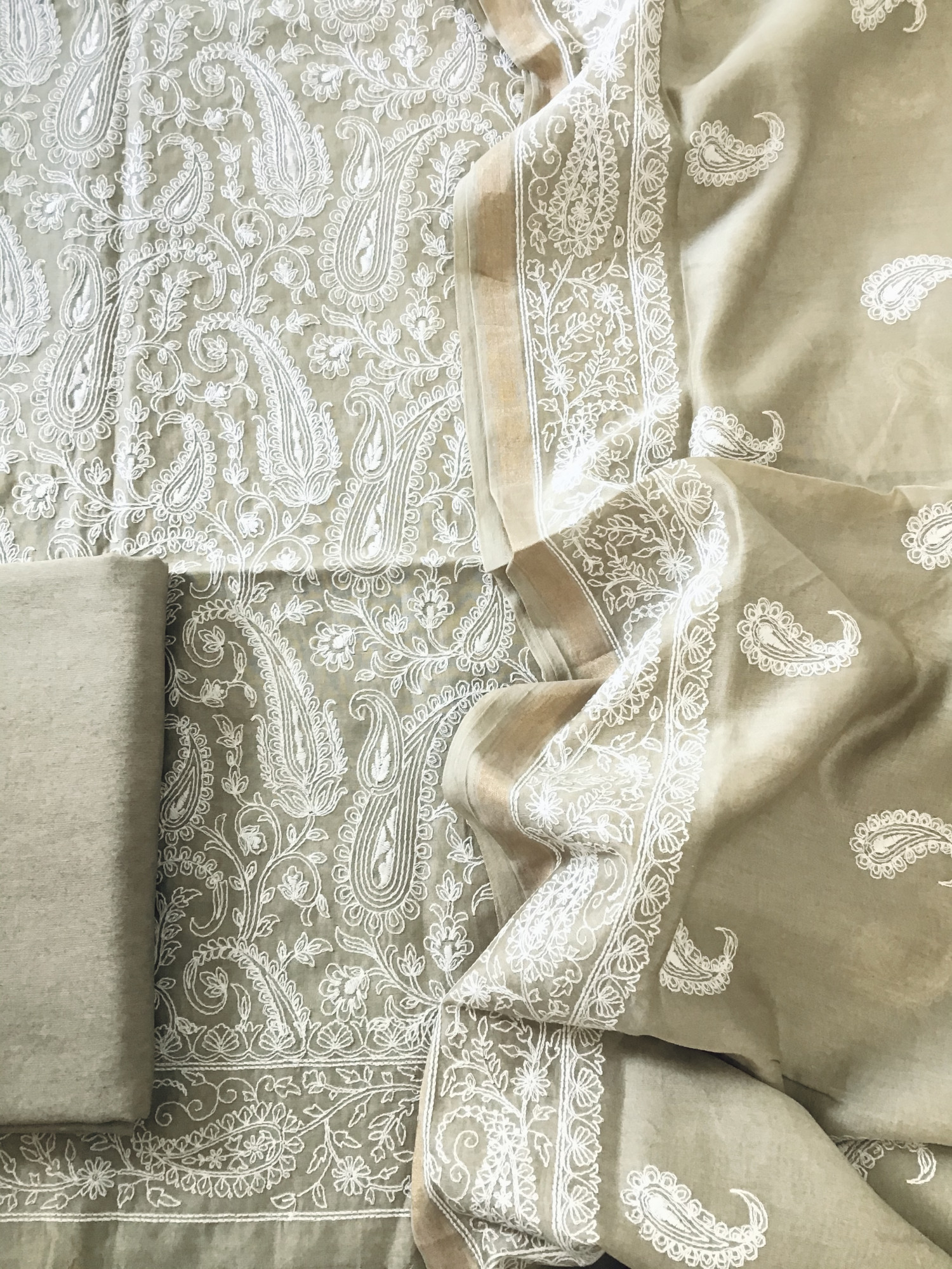 Pure Chanderi Embroidered Suit - Beige