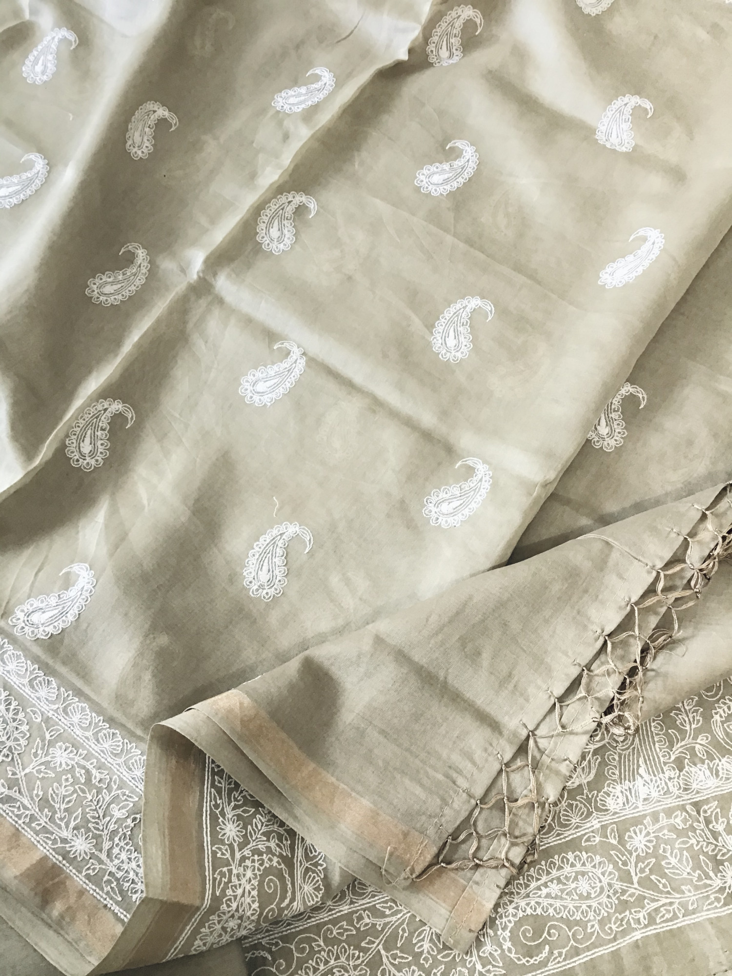 Pure Chanderi Embroidered Suit - Beige