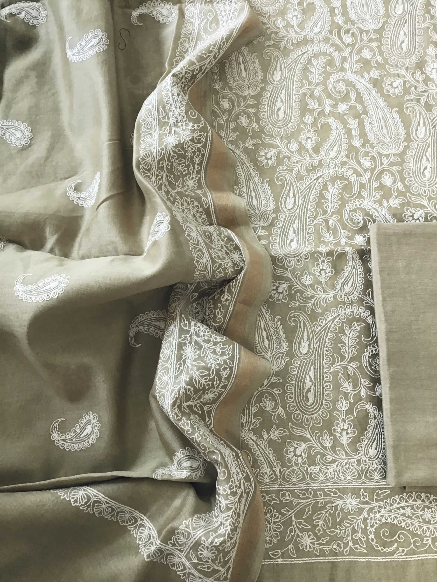 Pure Chanderi Embroidered Suit - Beige