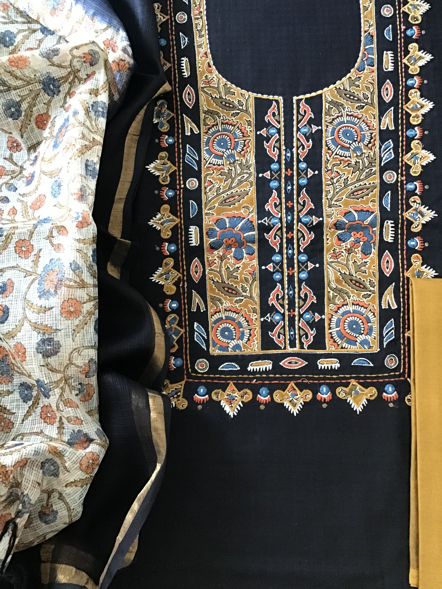 Pure Fine Self Weaved Cotton Embroidered Suit - Black