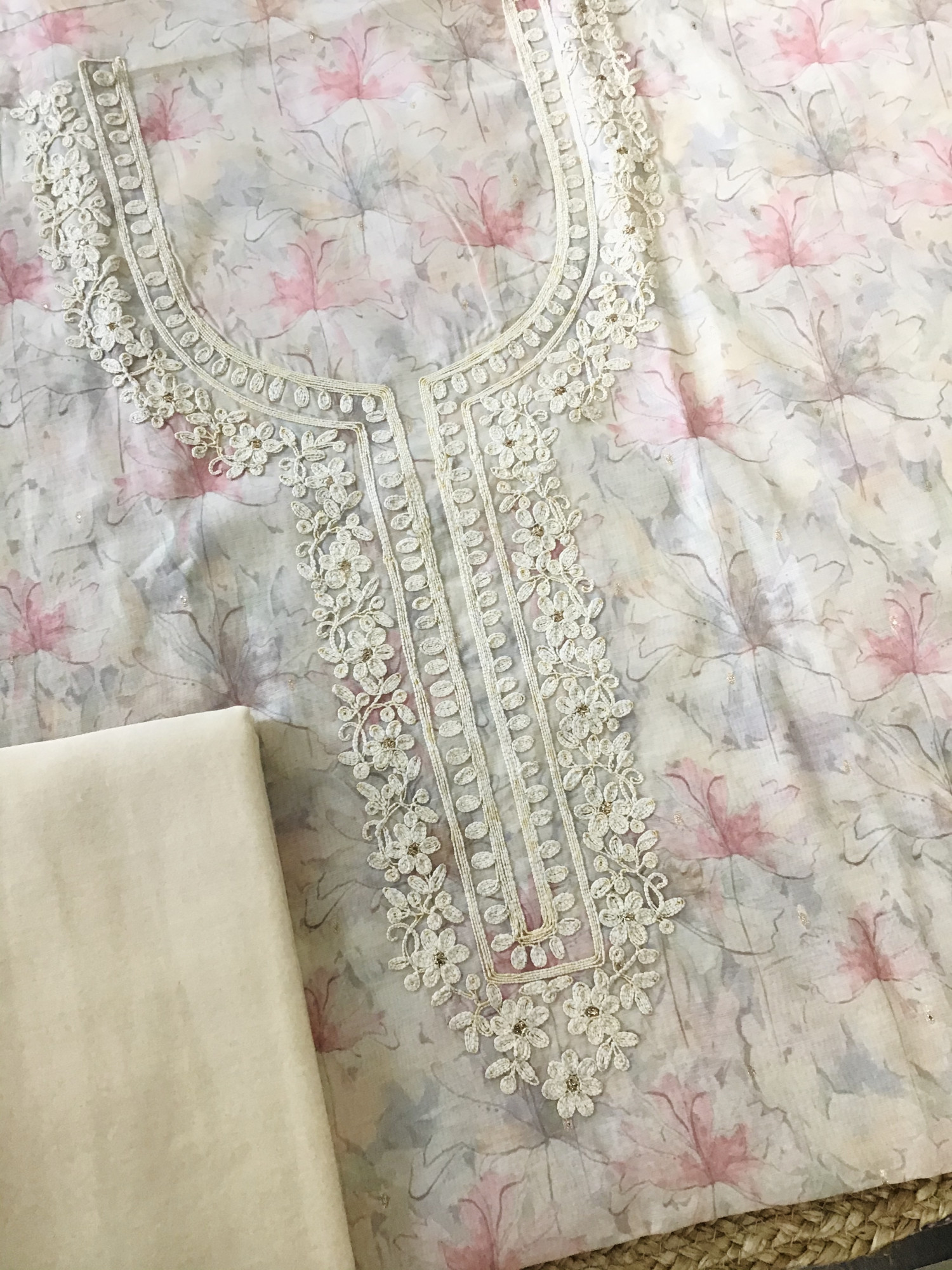 Soft Kora Chanderi Printed Embroidered Suit - Beige