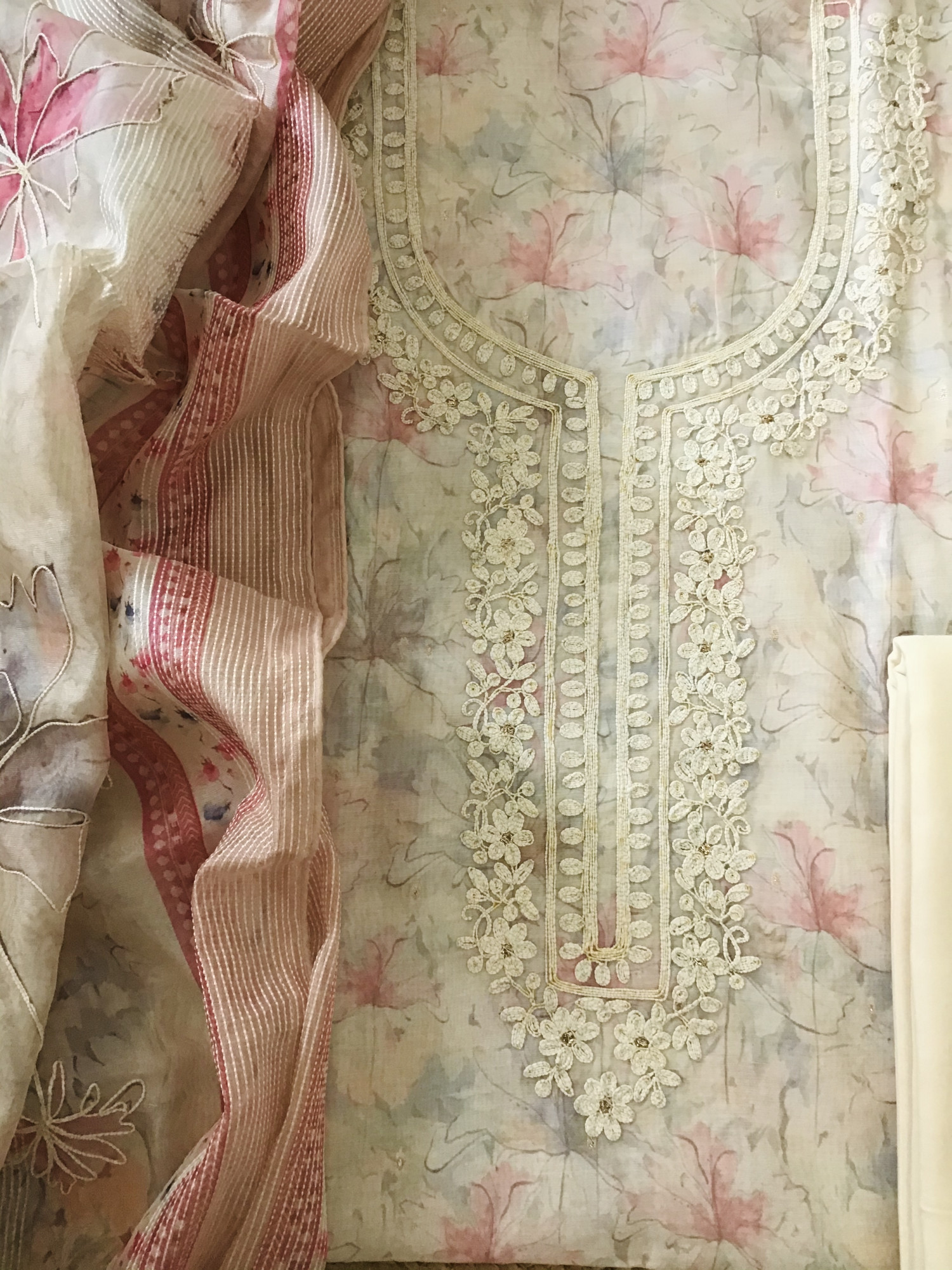 Soft Kora Chanderi Printed Embroidered Suit - Beige