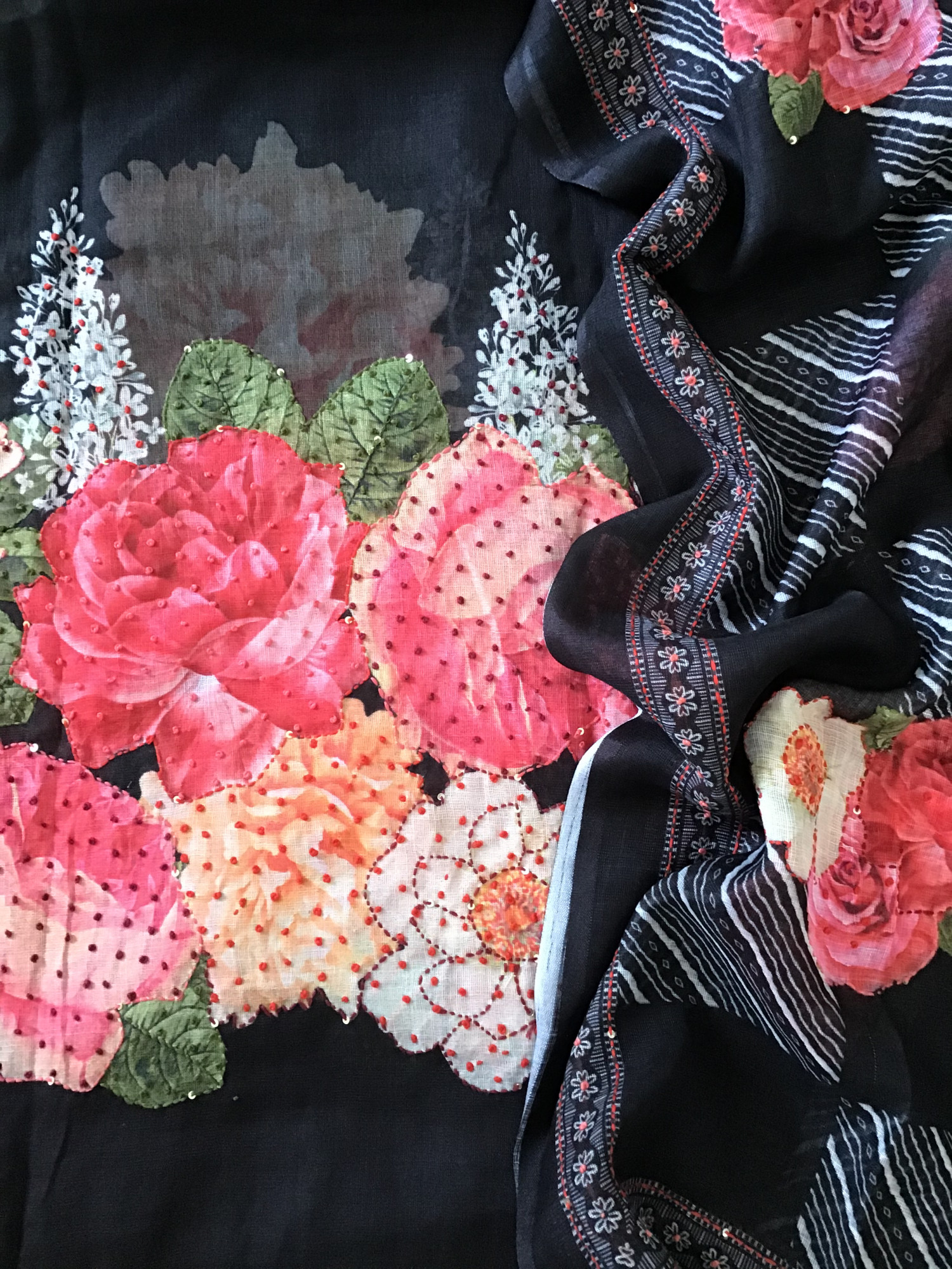 Soft Linen Jute Cotton Printed Embroidered Suit - Black