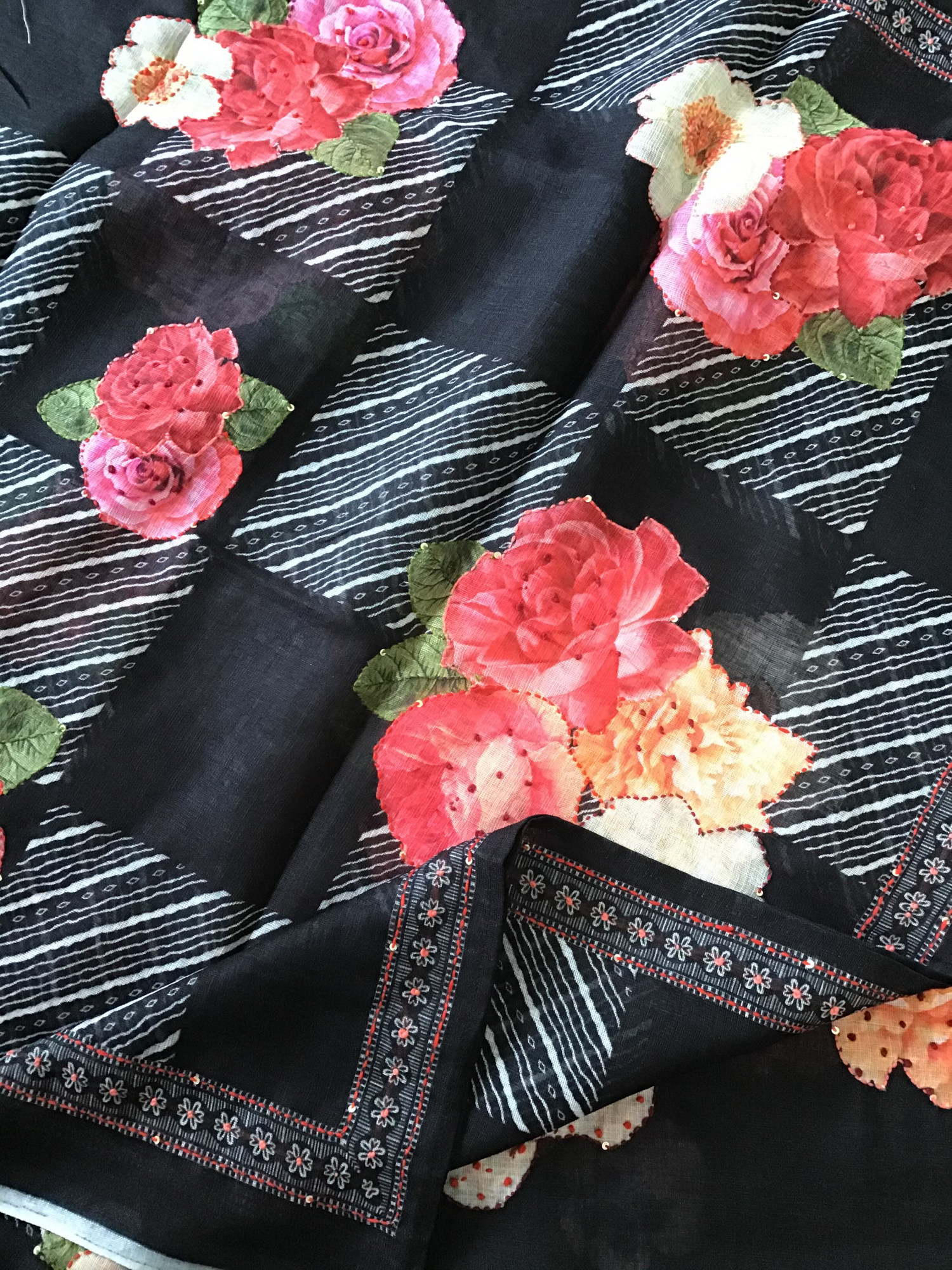 Soft Linen Jute Cotton Printed Embroidered Suit - Black