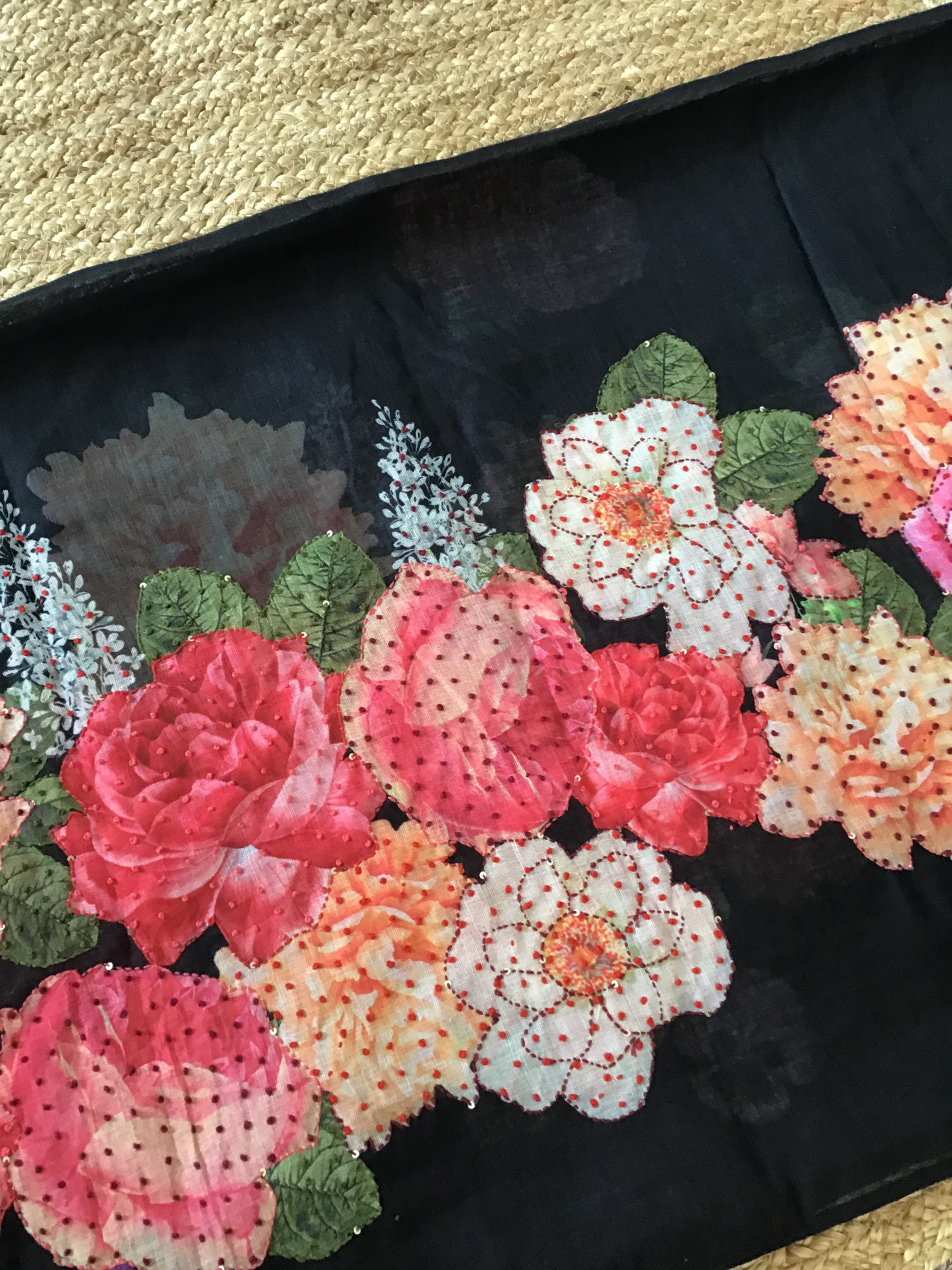 Soft Linen Jute Cotton Printed Embroidered Suit - Black