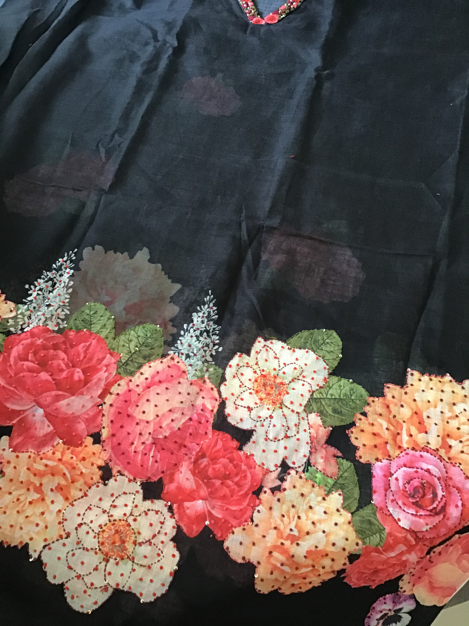 Soft Linen Jute Cotton Printed Embroidered Suit - Black