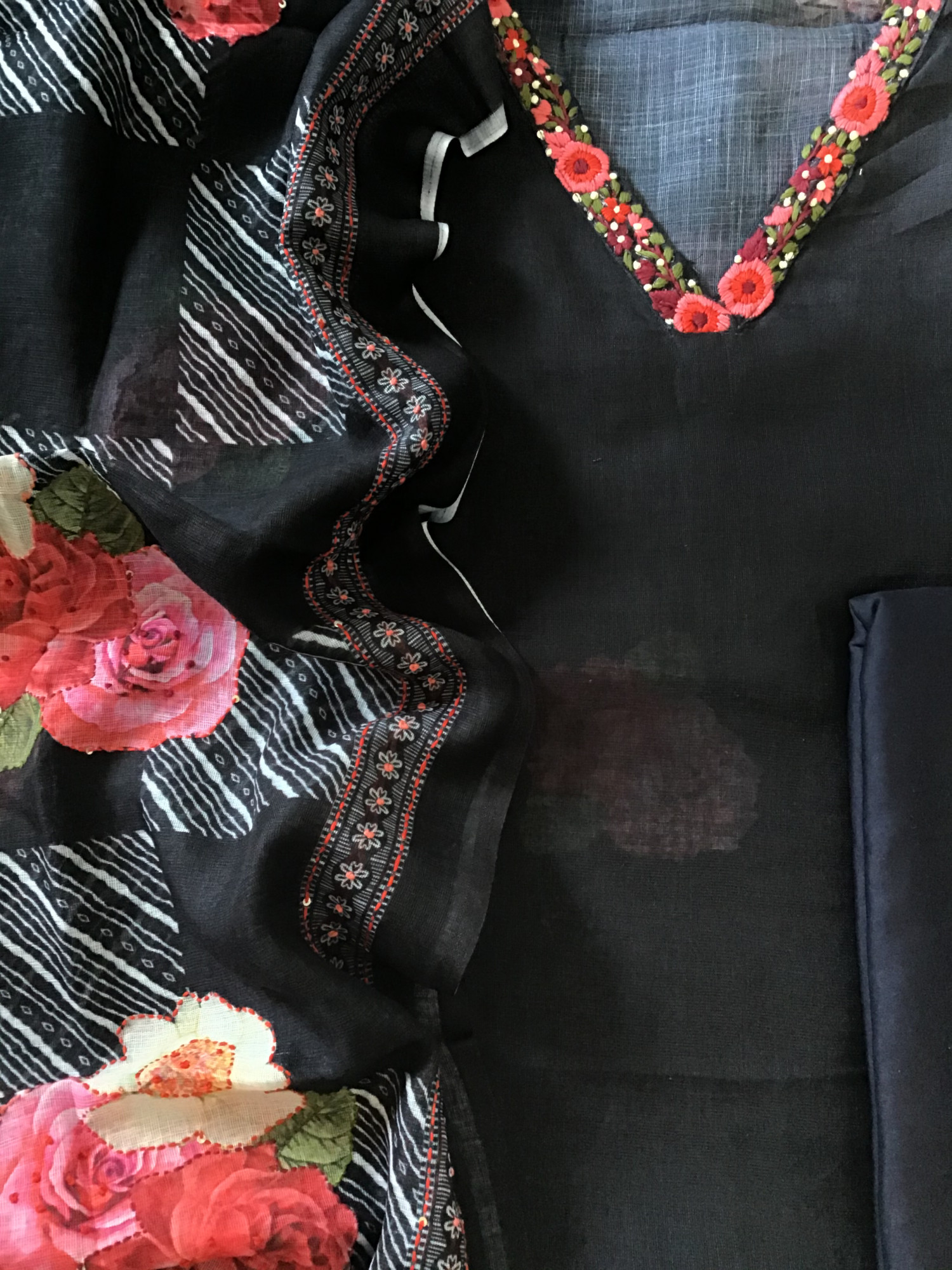 Soft Linen Jute Cotton Printed Embroidered Suit - Black