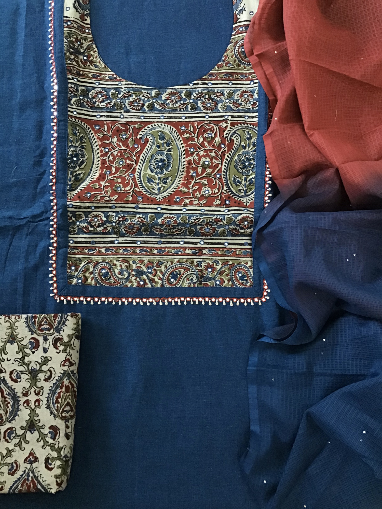 Pure Handloom Cotton Embroidered Suit - Blue