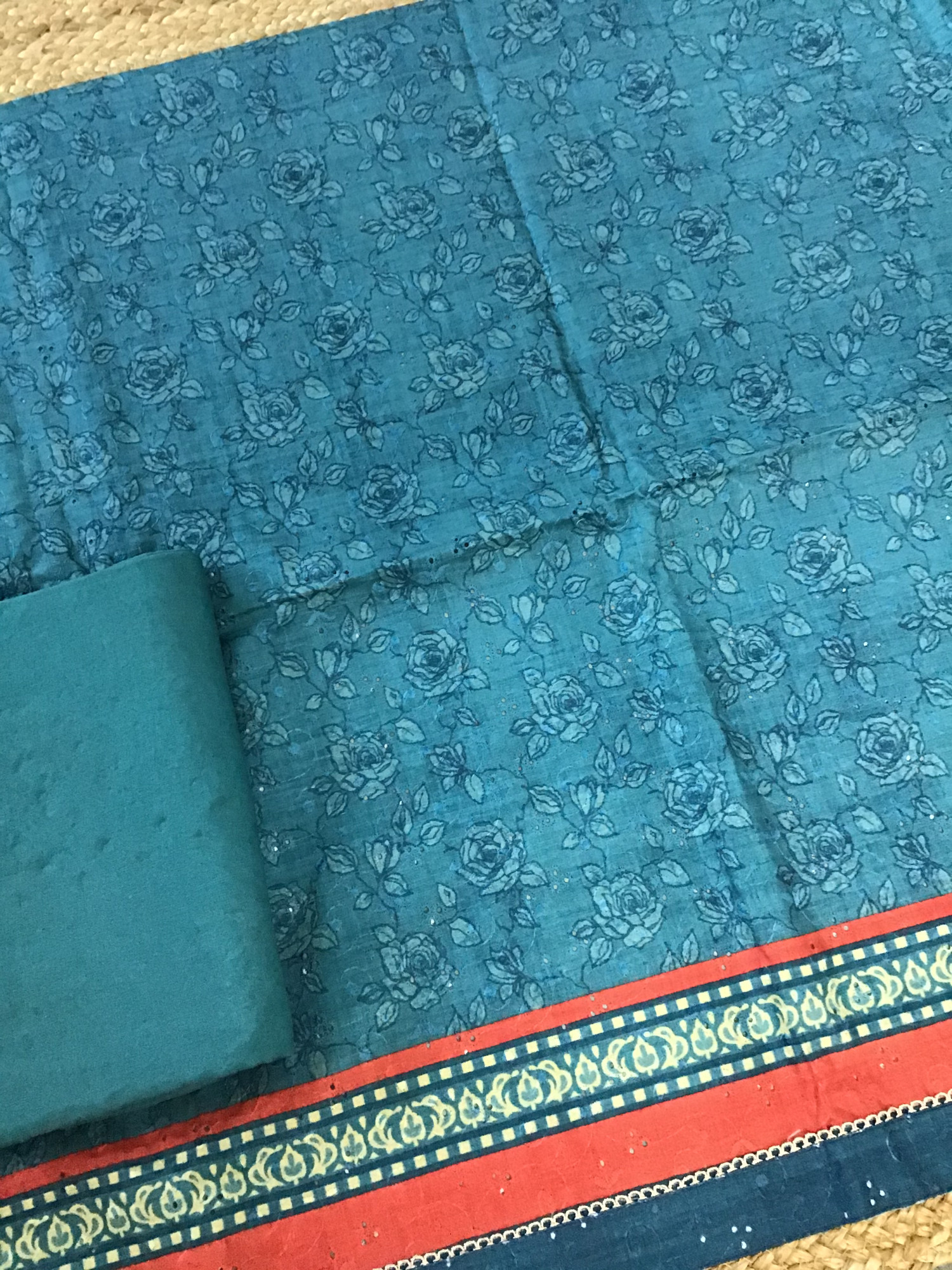 Soft Semi Tussar Printed Embroidered Suit - Blue