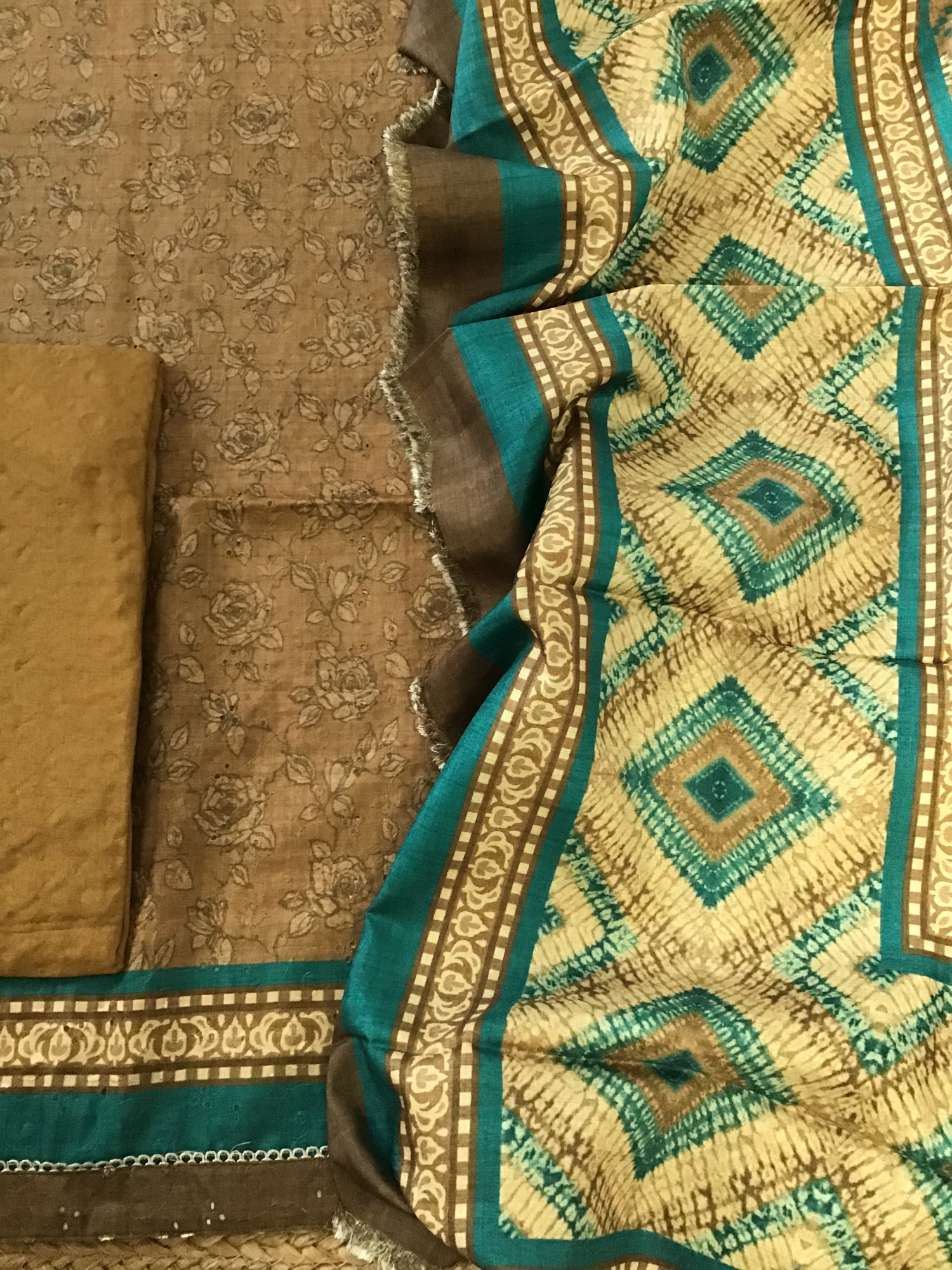 Soft Semi Tussar Printed Embroidered Suit - Brown