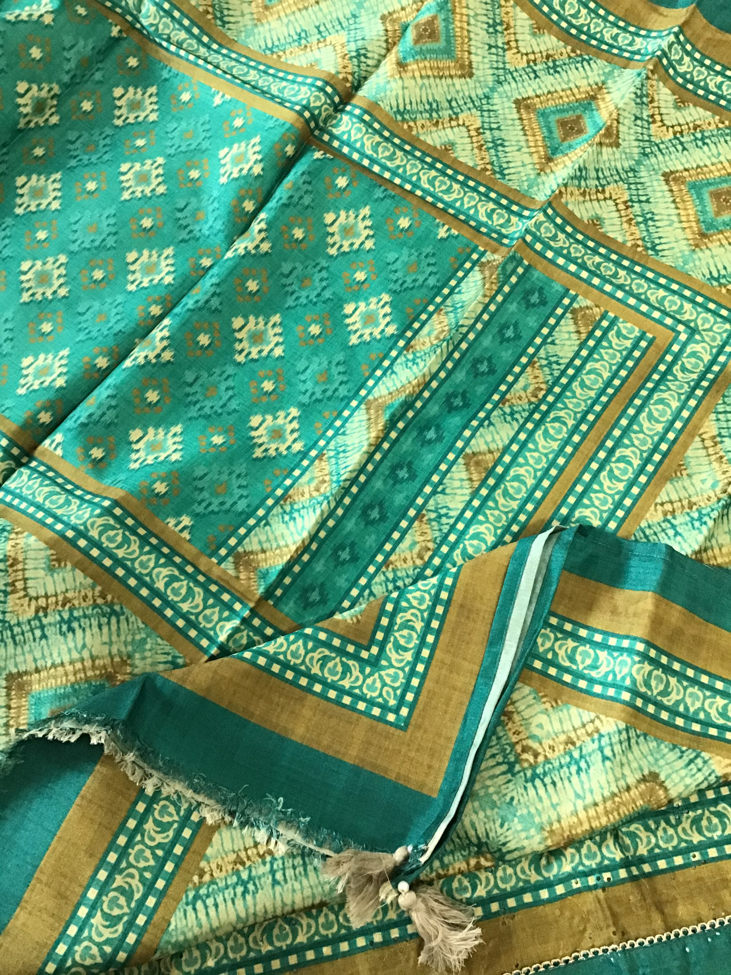 Soft Semi Tussar Printed Embroidered Suit - Green