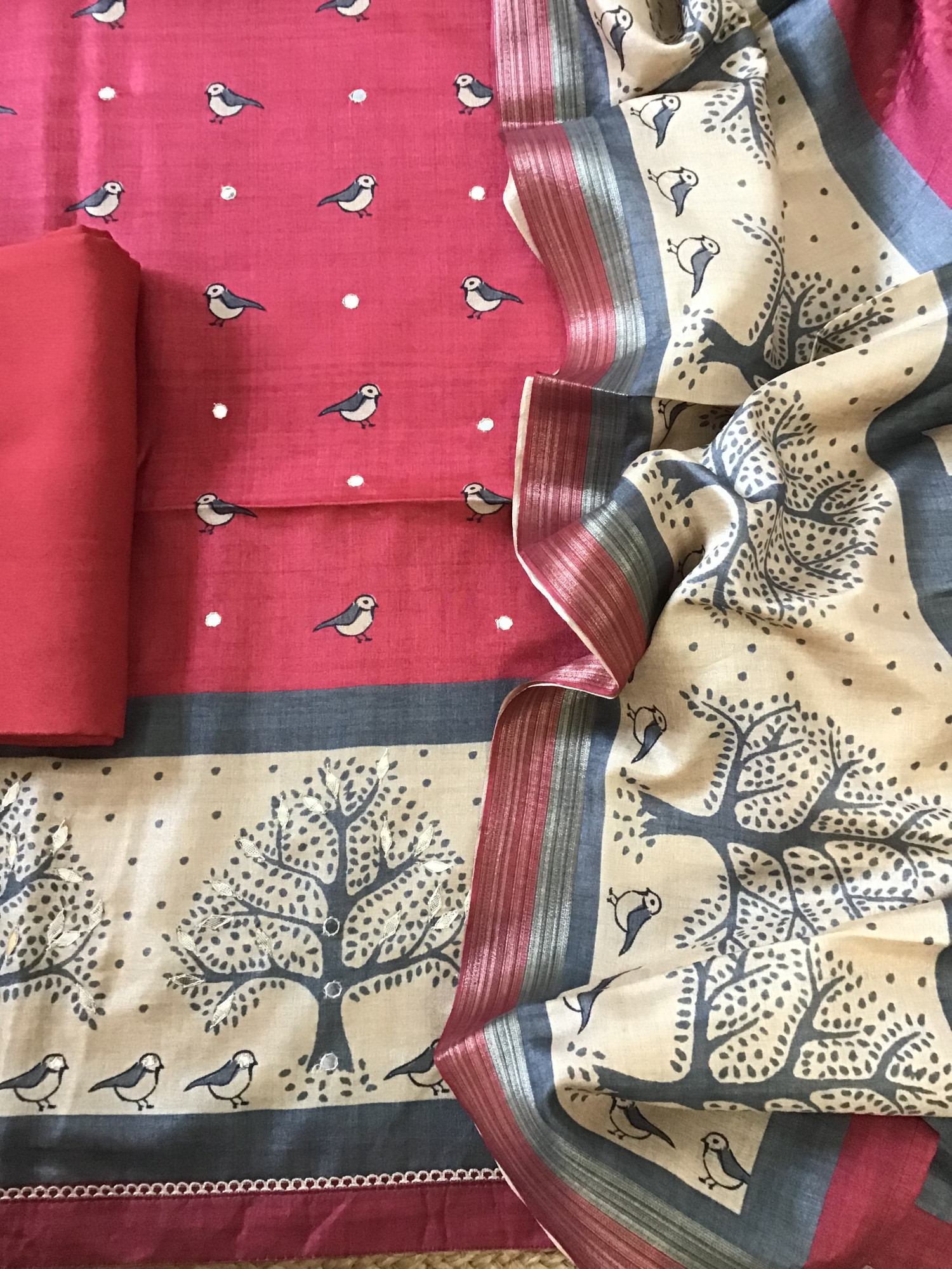 Soft Semi Tussar Silk Printed Embroidered Suit - Red