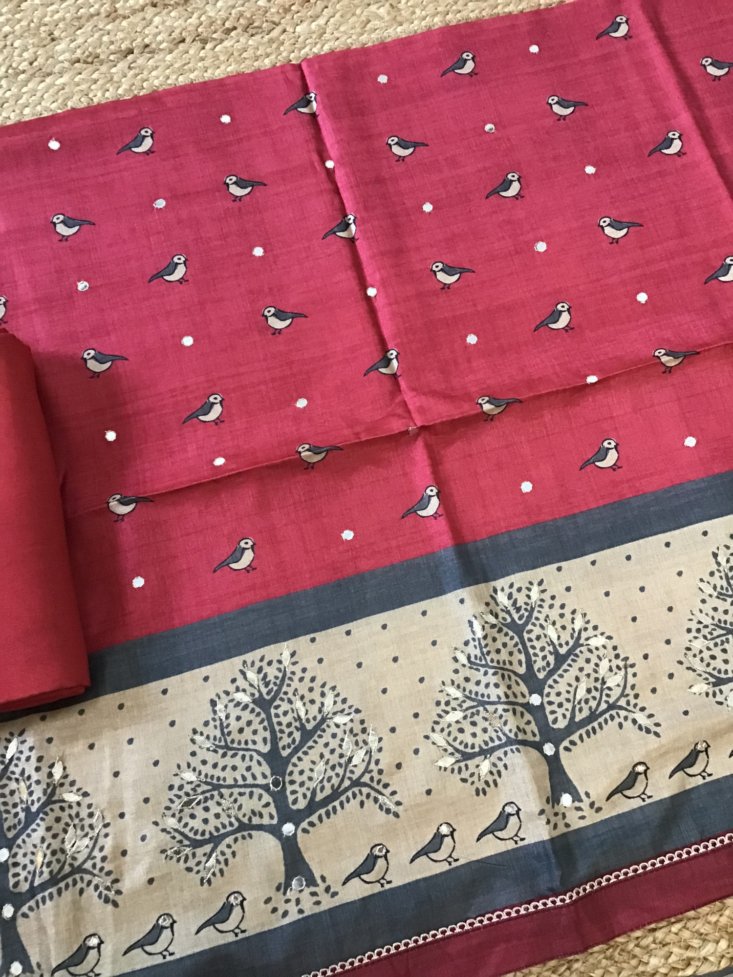 Soft Semi Tussar Silk Printed Embroidered Suit - Red