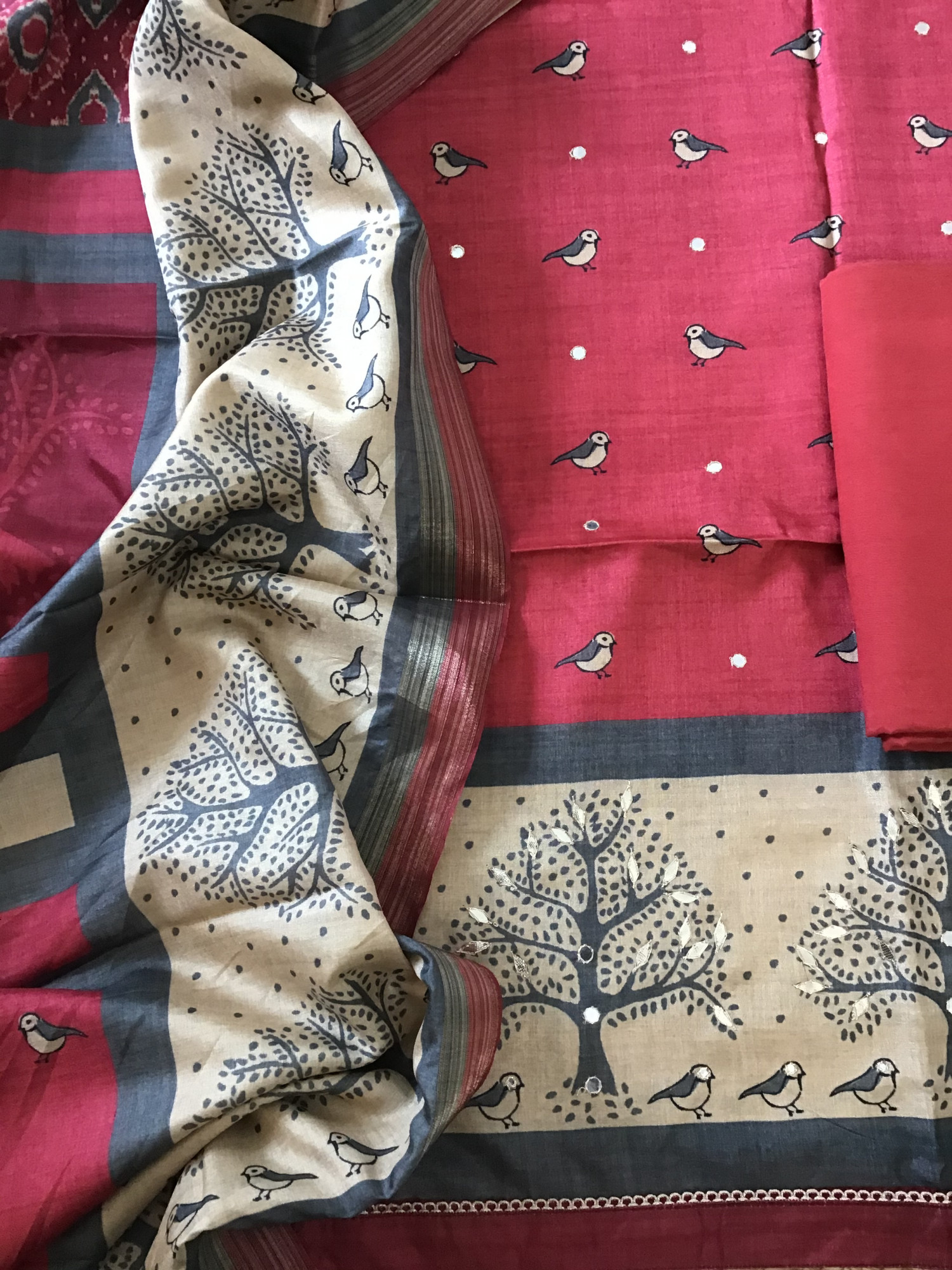 Soft Semi Tussar Silk Printed Embroidered Suit - Red