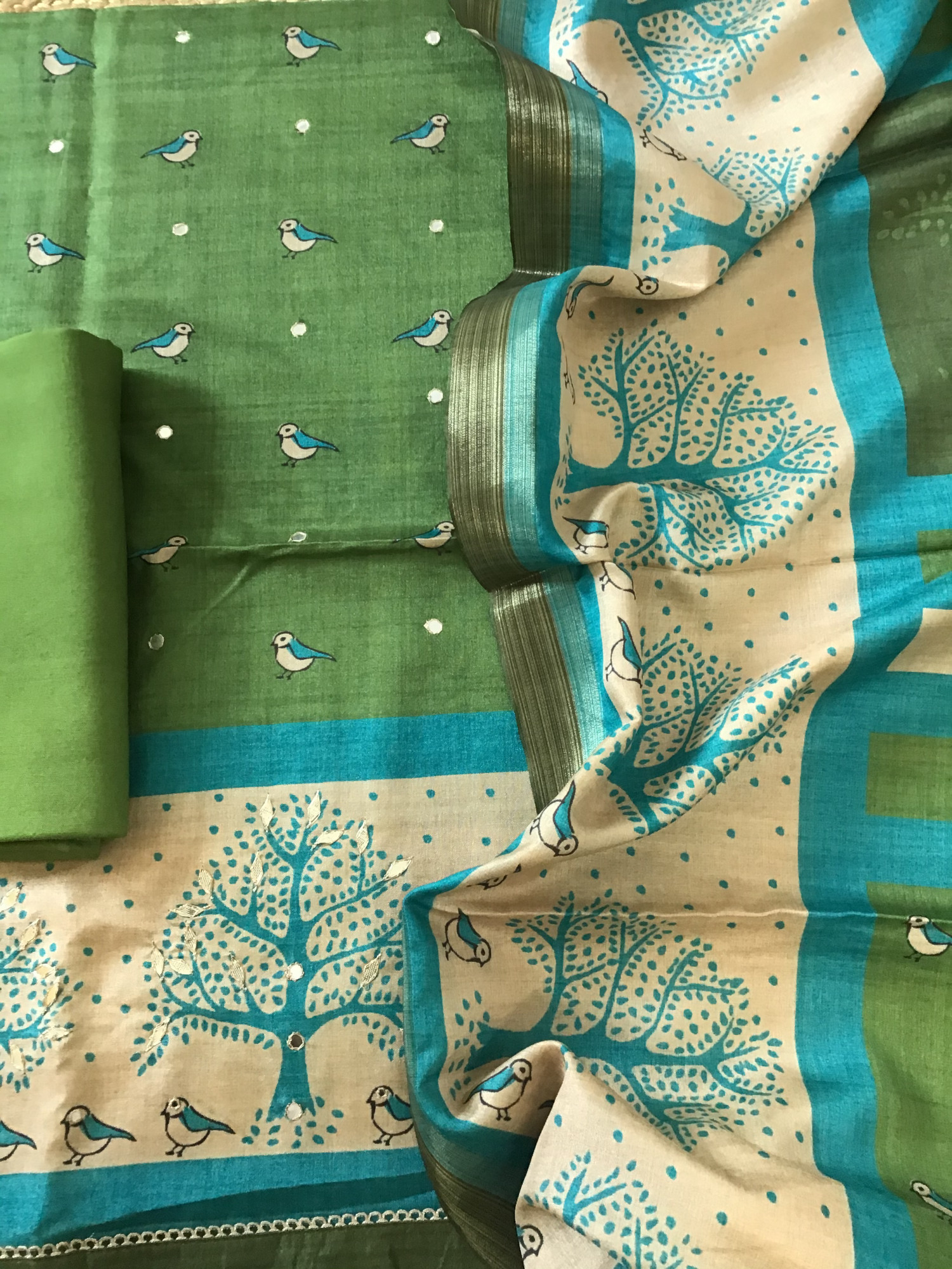 Soft Semi Tussar Silk Printed Embroidered Suit - Green