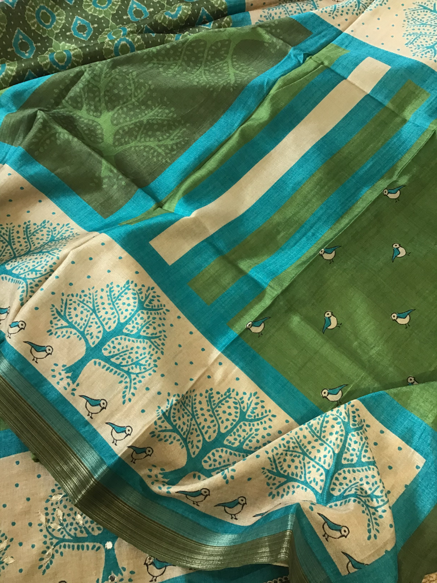 Soft Semi Tussar Silk Printed Embroidered Suit - Green