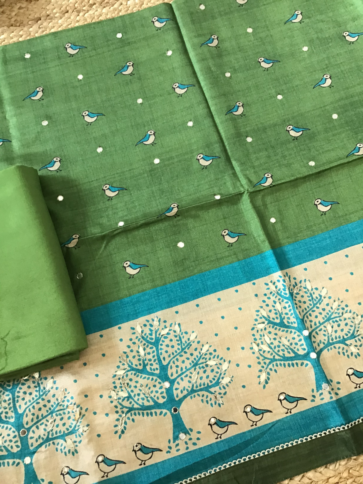 Soft Semi Tussar Silk Printed Embroidered Suit - Green