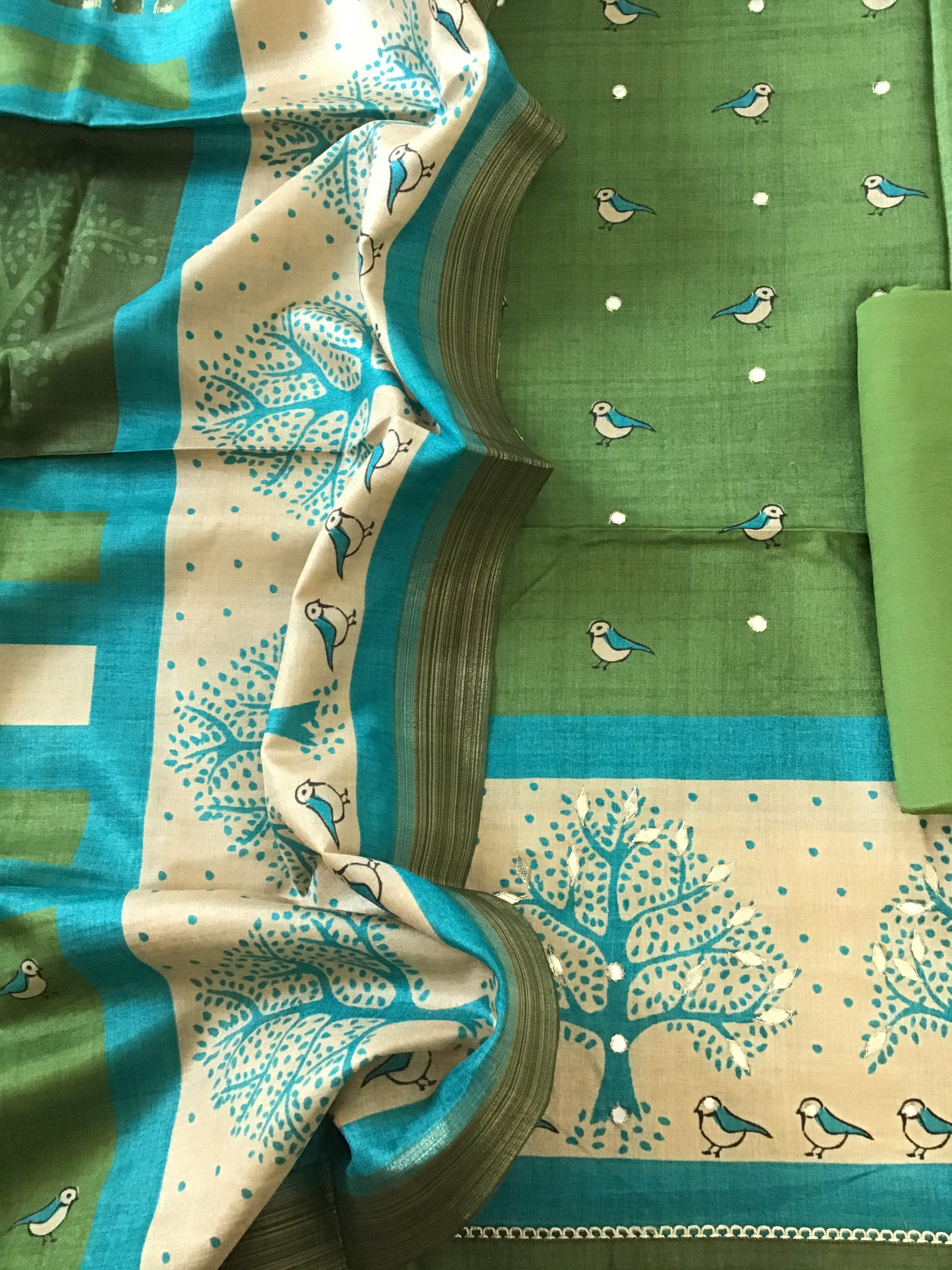 Soft Semi Tussar Silk Printed Embroidered Suit - Green