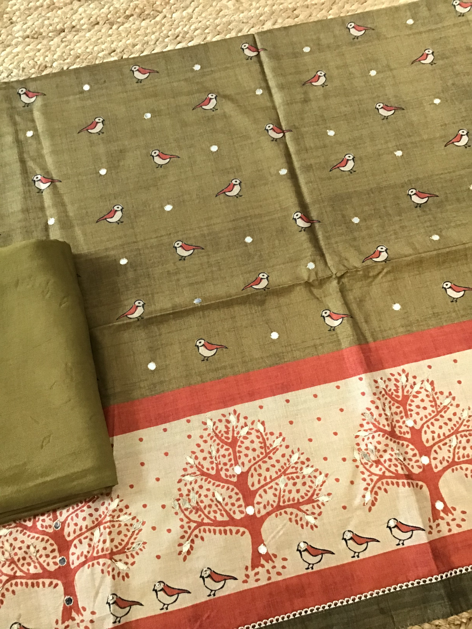 Soft Semi Tussar Silk Printed Embroidered Suit - MehandiGreen