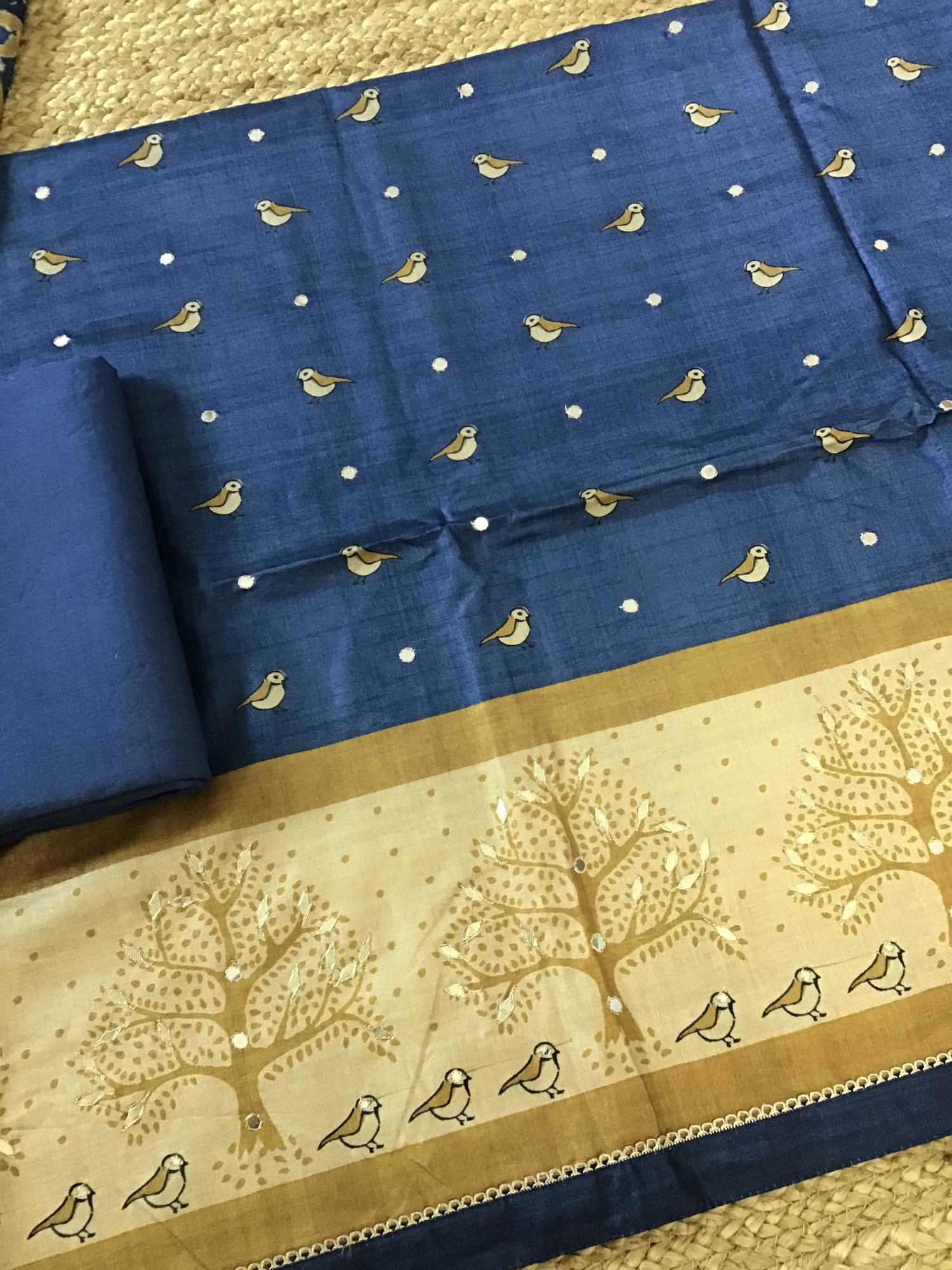 Soft Semi Tussar Silk Printed Embroidered Suit - Blue